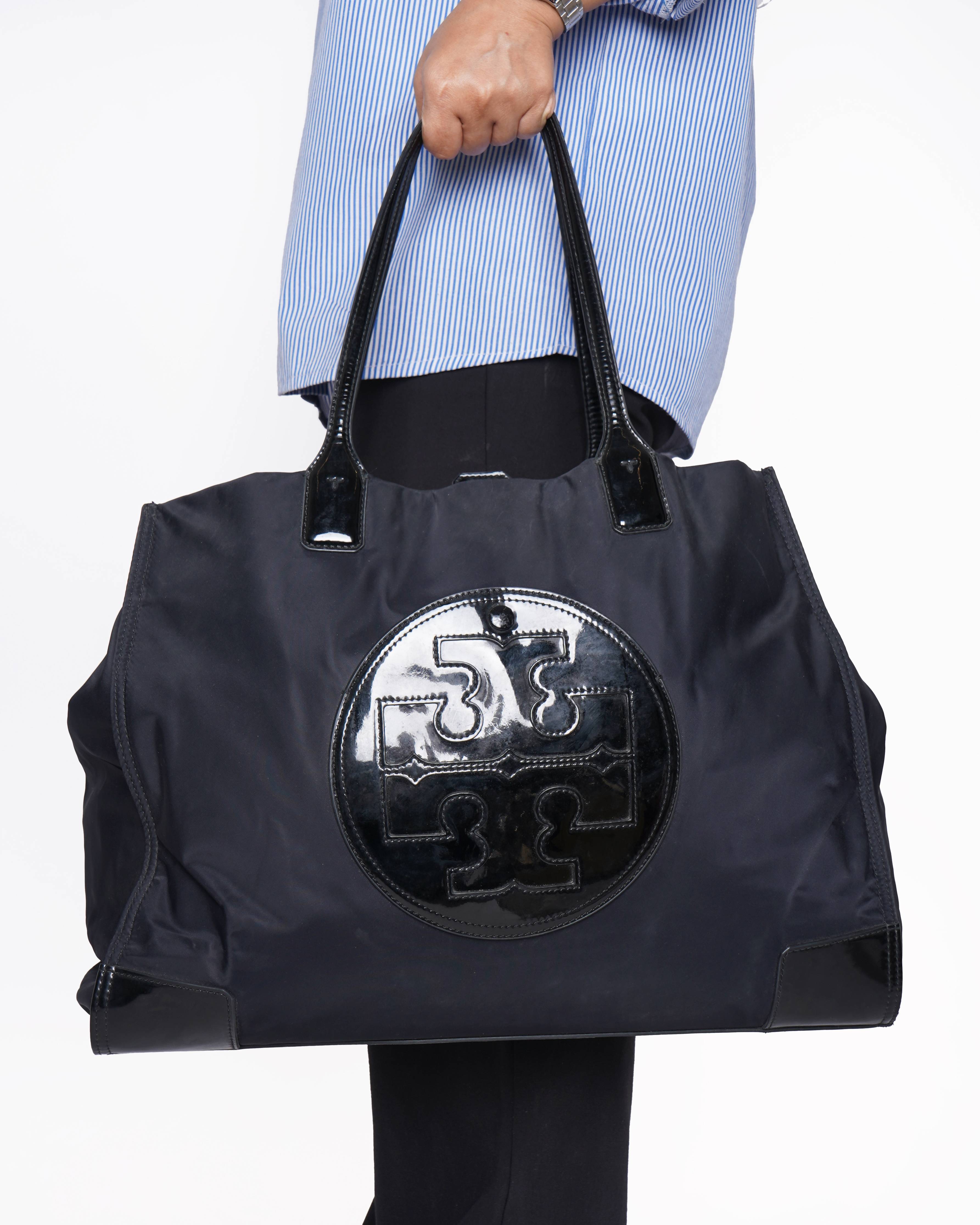 Tory Burch 
Black Nylon and Patent Leather Medium Ella Tote