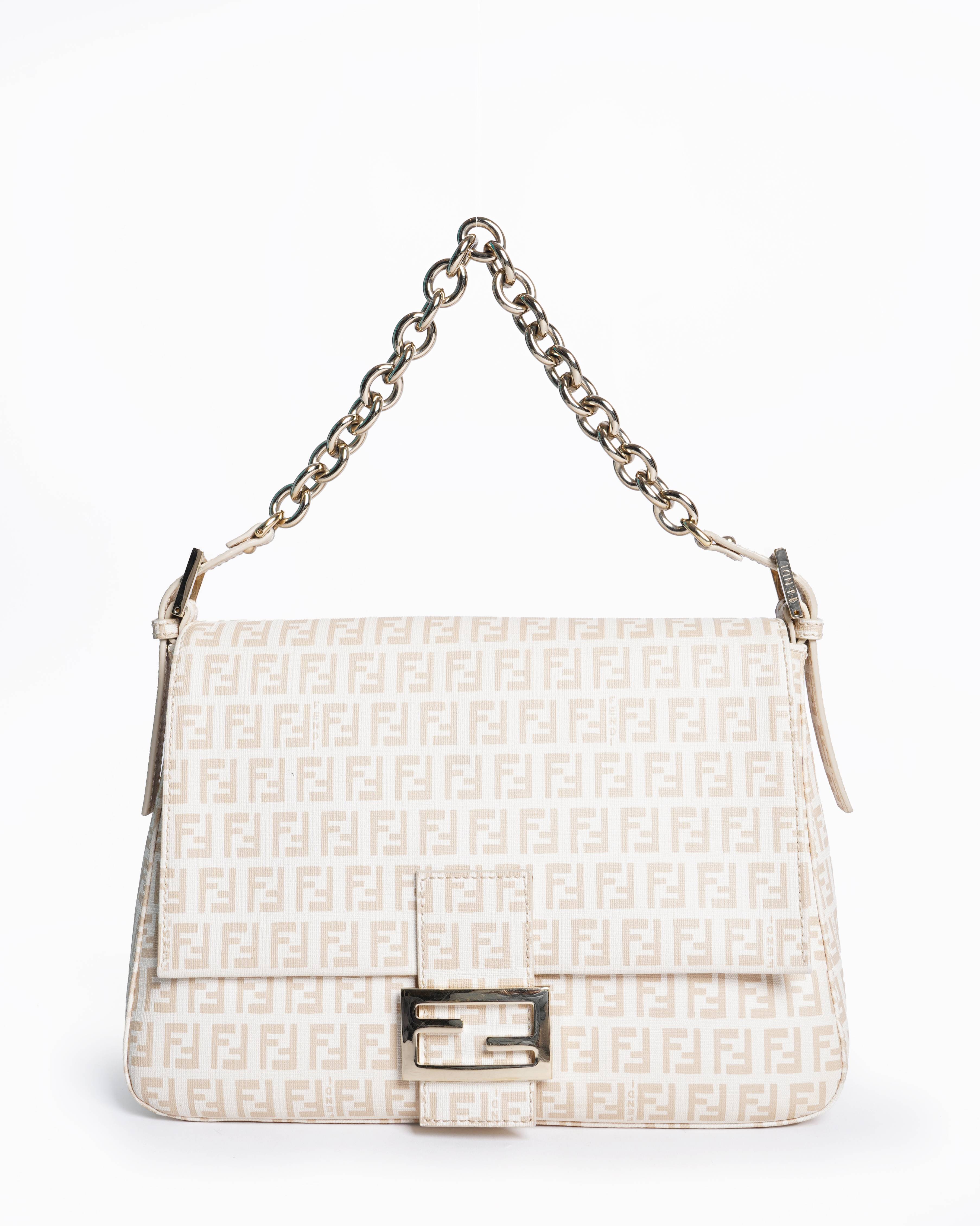 Fendi Cream/Light Gold Zucchino Canvas Mama Forever Shoulder HandBag