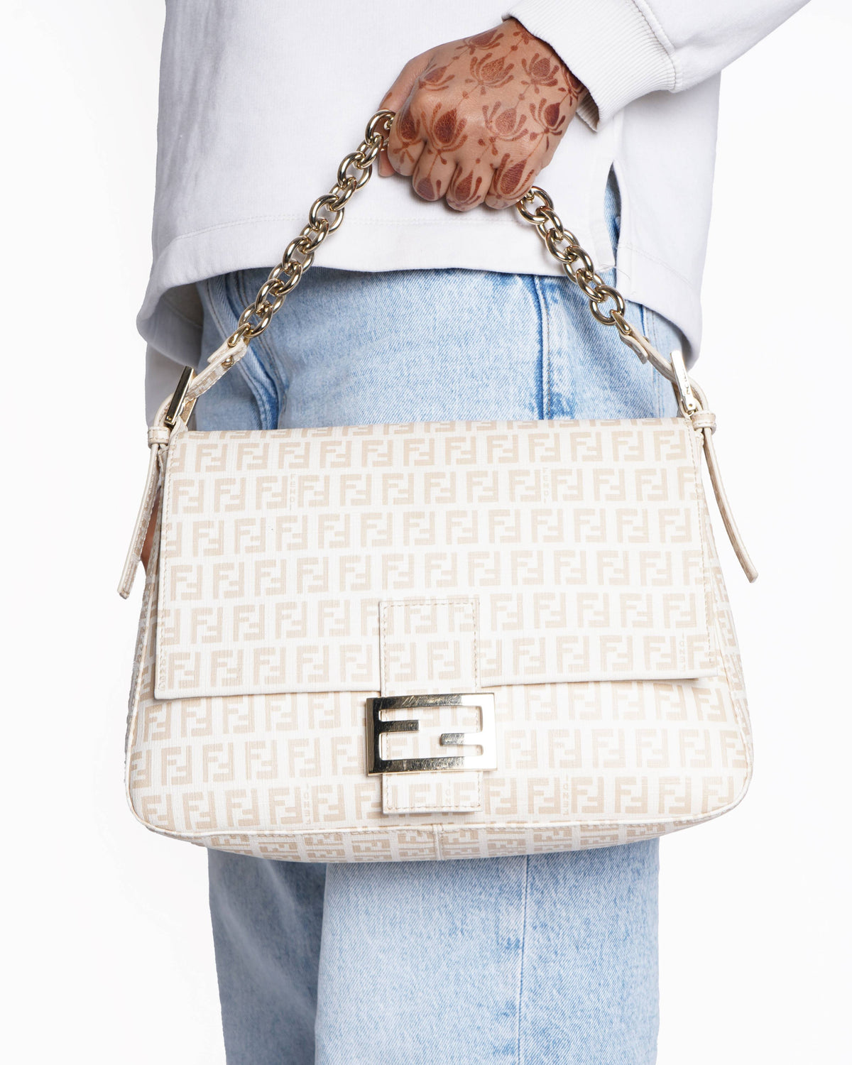Fendi Cream/Light Gold Zucchino Canvas Mama Forever Shoulder HandBag