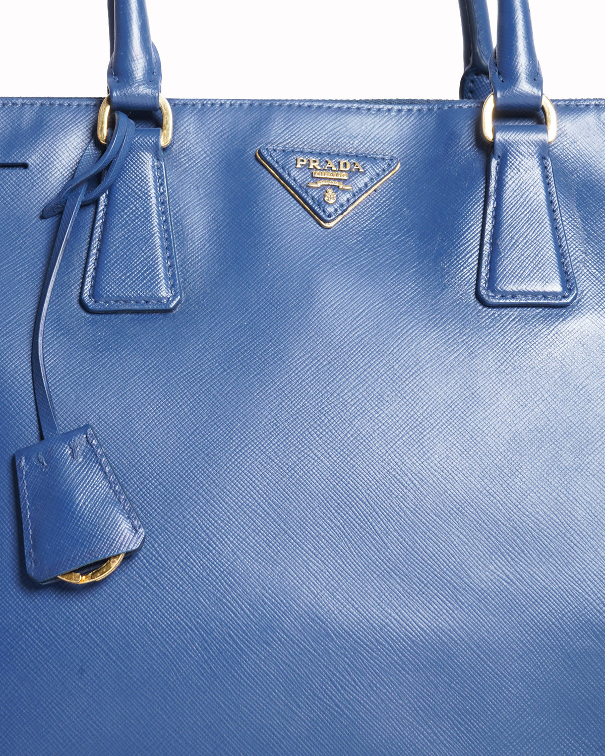 Prada 
blue saffiano leather bauletto satchel in black