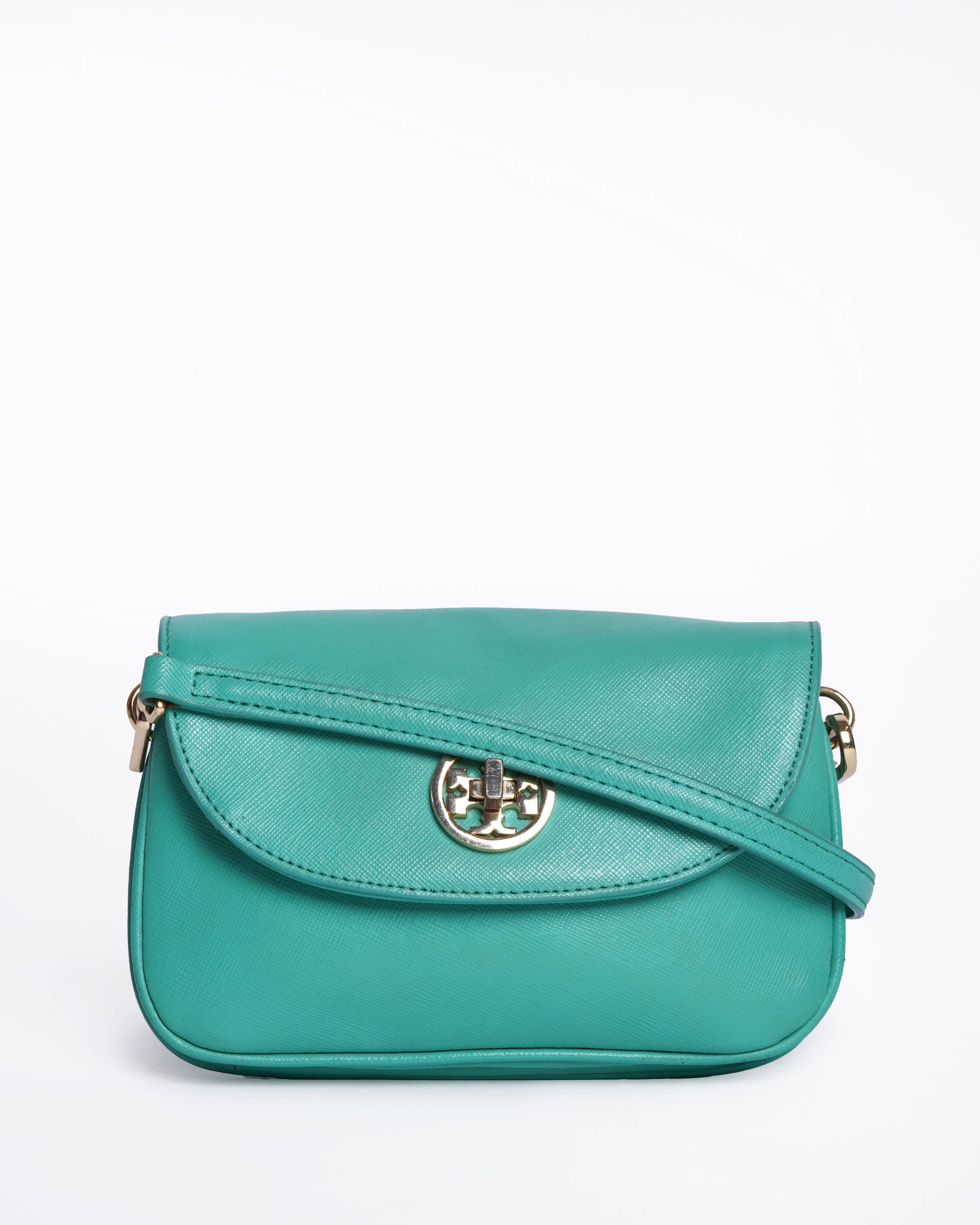 Tory Burch Turquoise Leather Double Gusset Crossbody Flap Bag