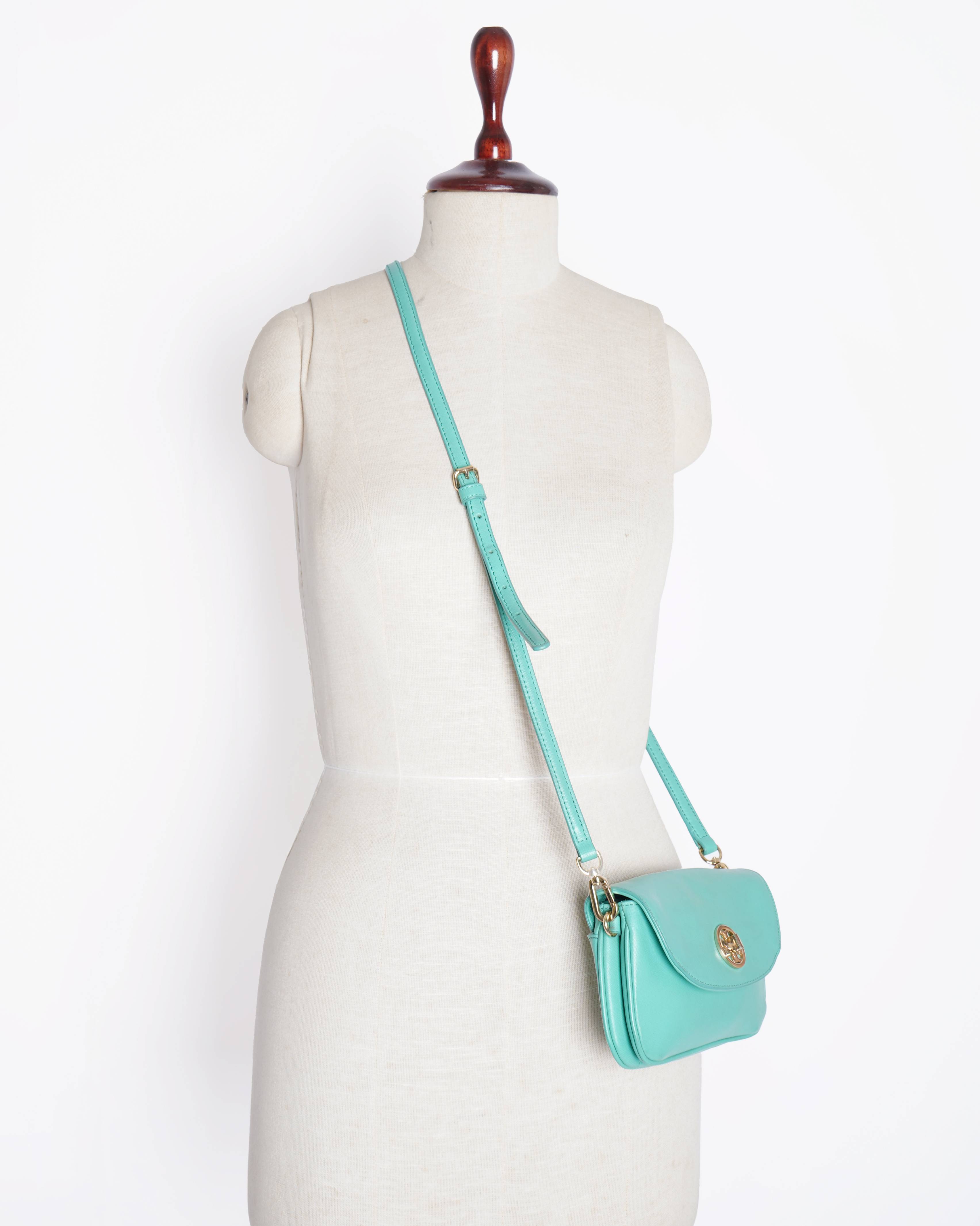 Tory Burch Turquoise Leather Double Gusset Crossbody Flap Bag