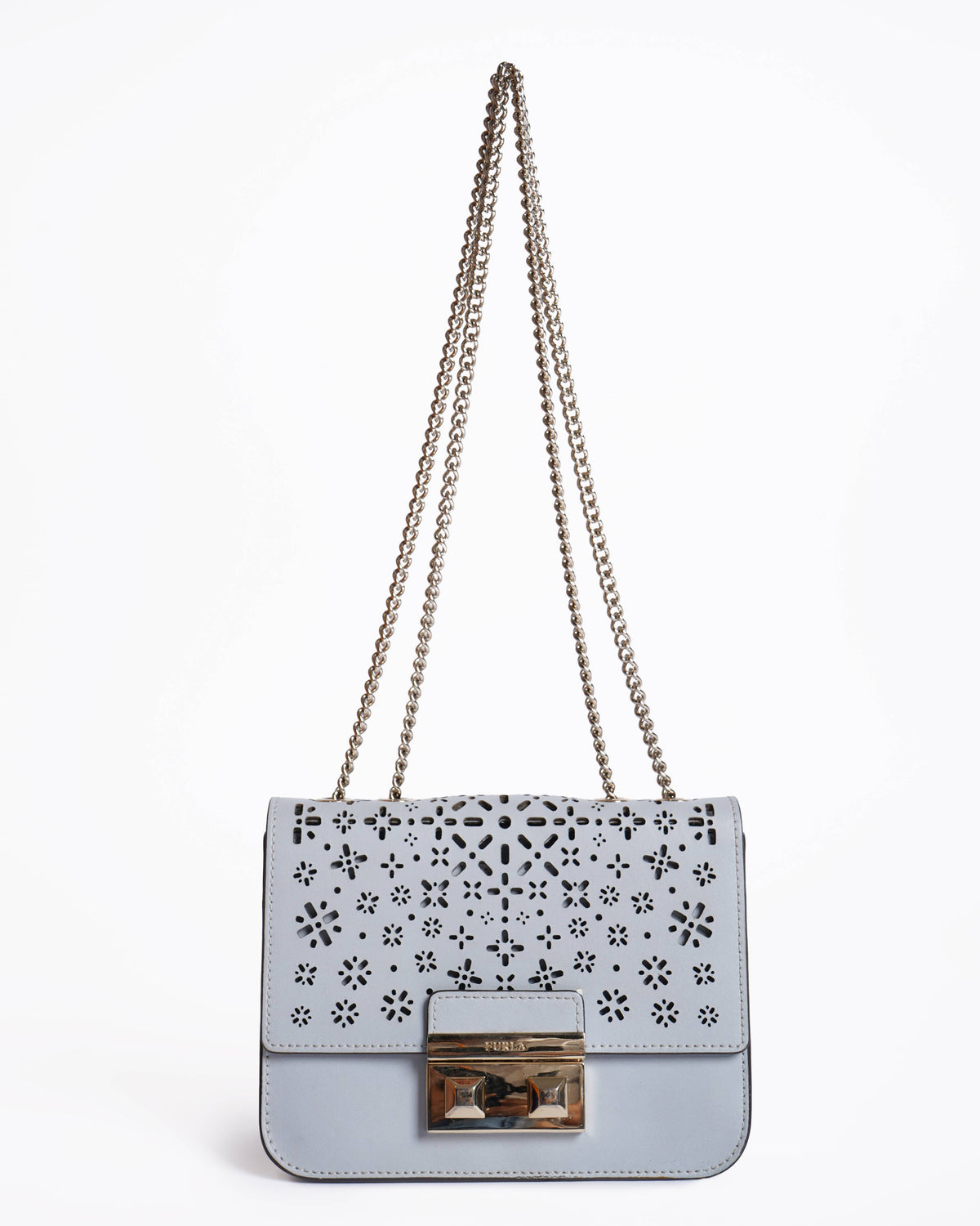 Furla Light Blue  Laser Cut Leather Bella Shoulder Bag