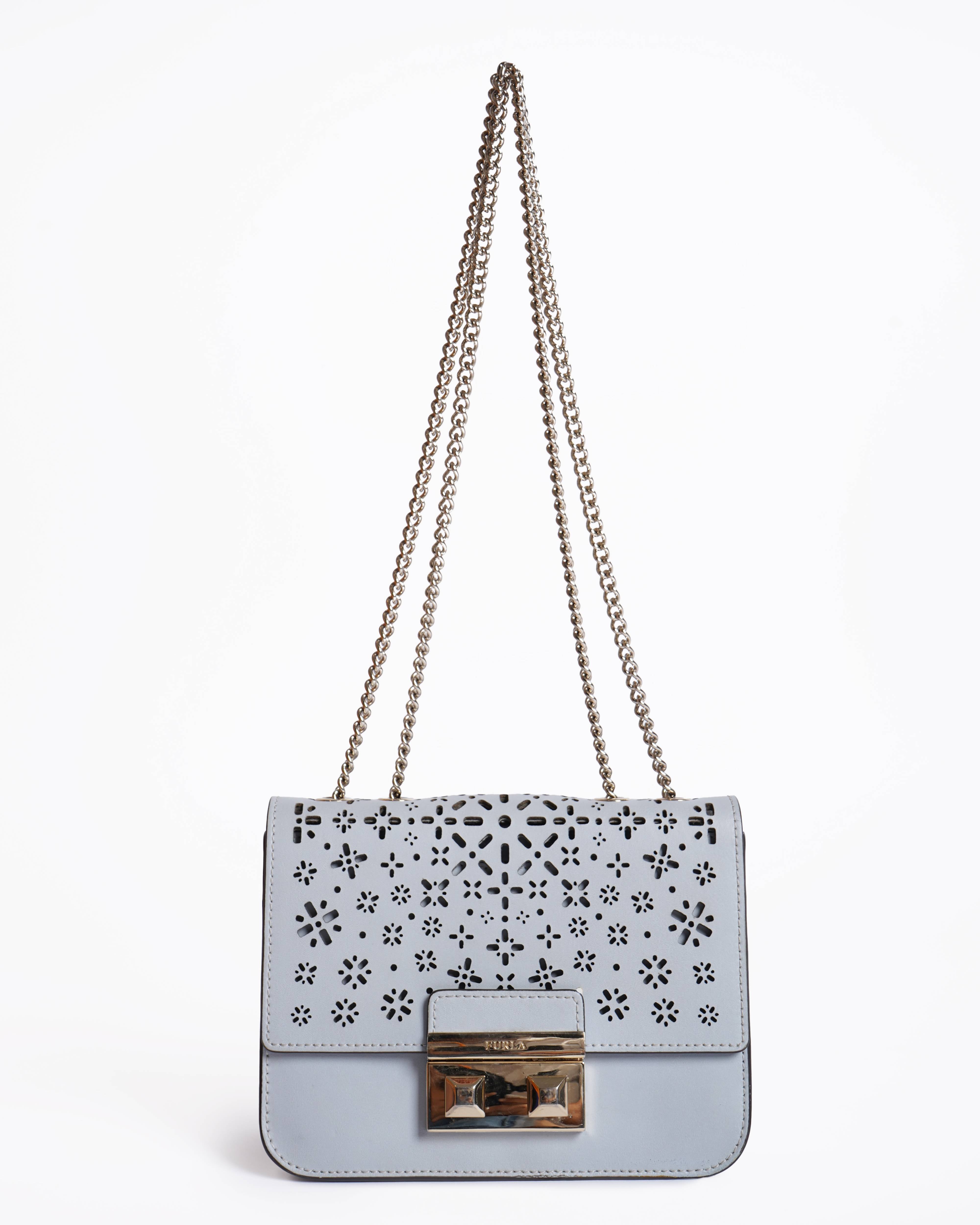 Furla Light Blue  Laser Cut Leather Bella Shoulder Bag