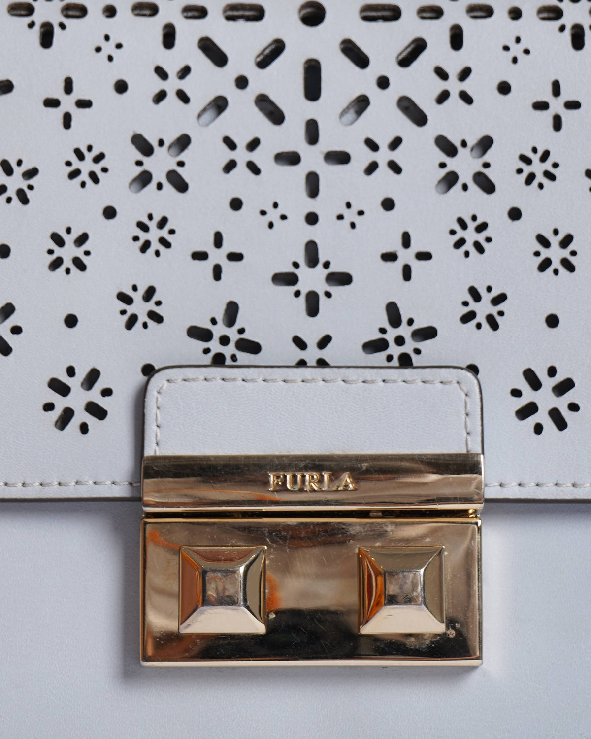 Furla Light Blue  Laser Cut Leather Bella Shoulder Bag