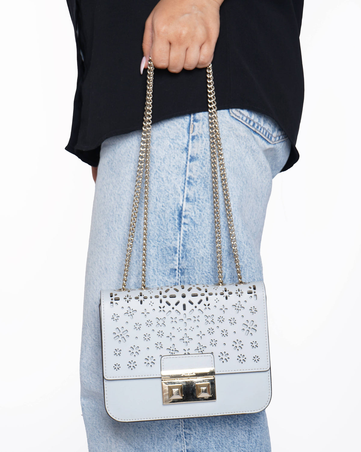 Furla Light Blue  Laser Cut Leather Bella Shoulder Bag