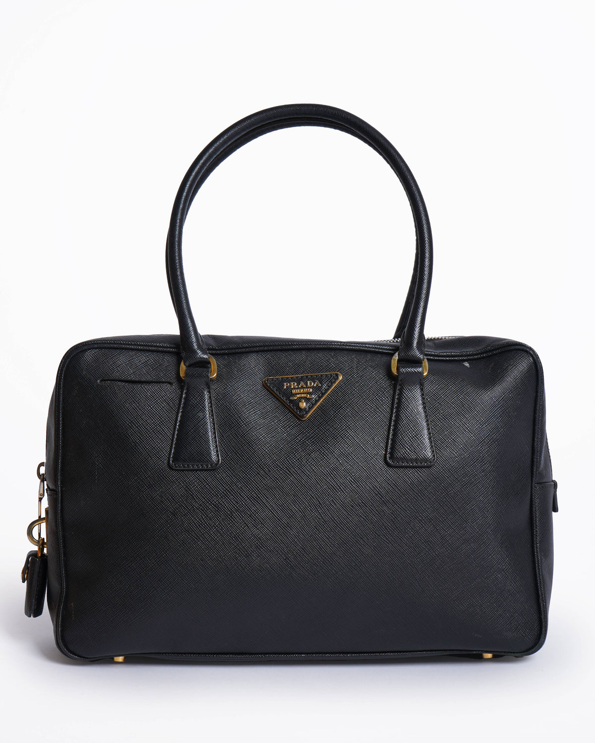 Prada black saffiano leather bauletto satchel in black