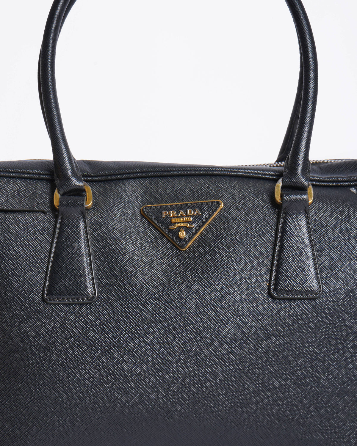 Prada black saffiano leather bauletto satchel in black