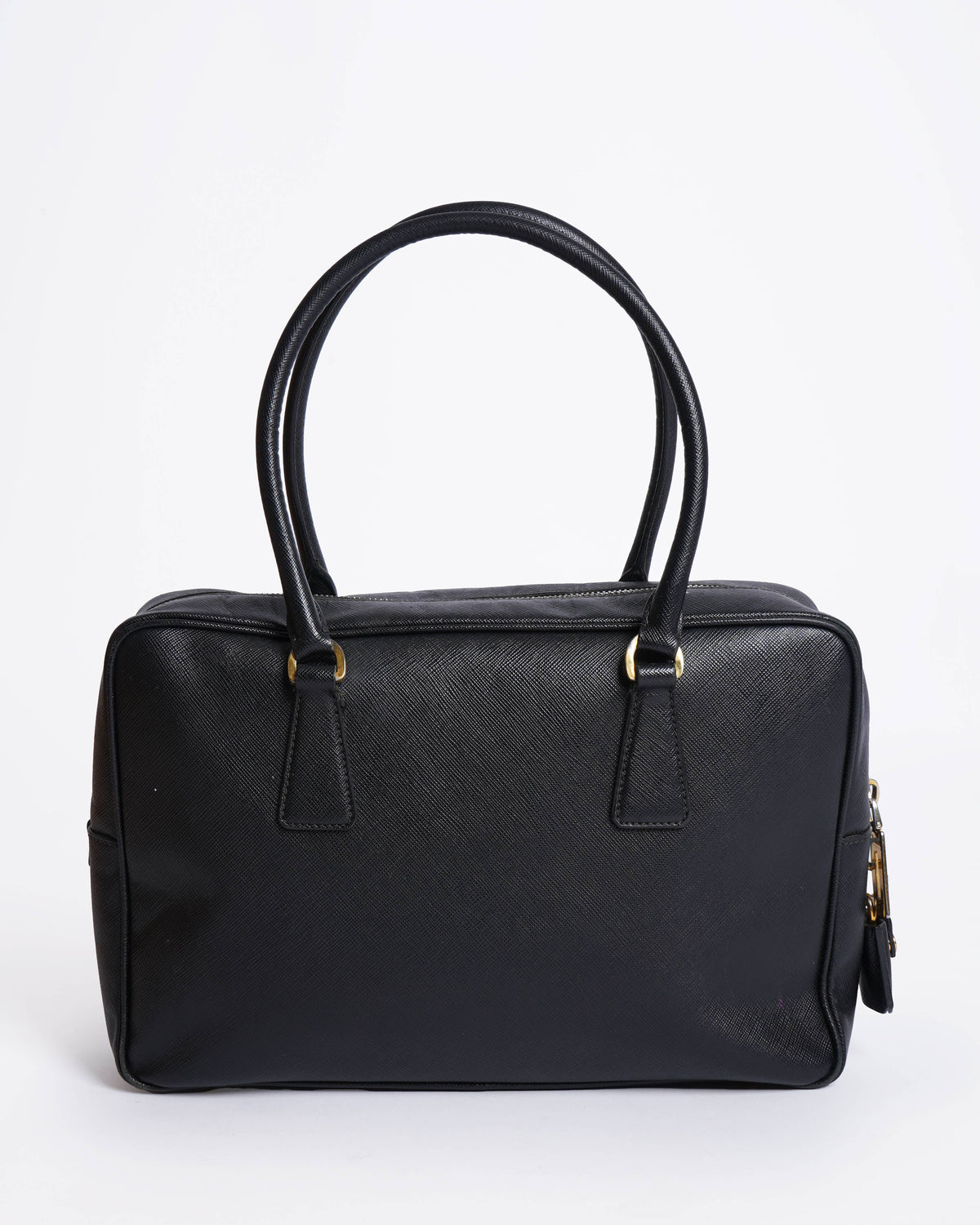 Prada black saffiano leather bauletto satchel in black