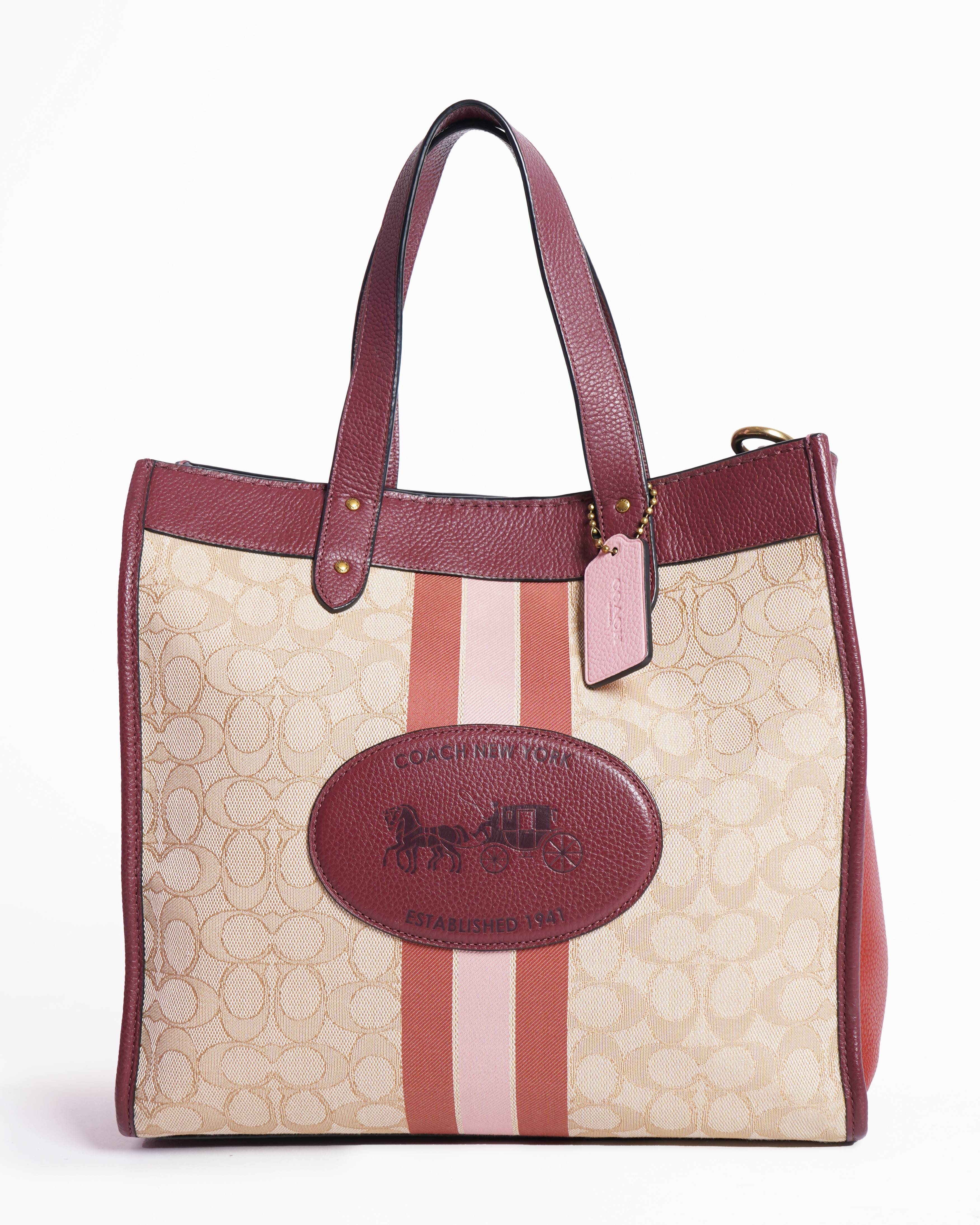 Coach Field Tote Signature Jacquard & Burgundy Leather Stripe
