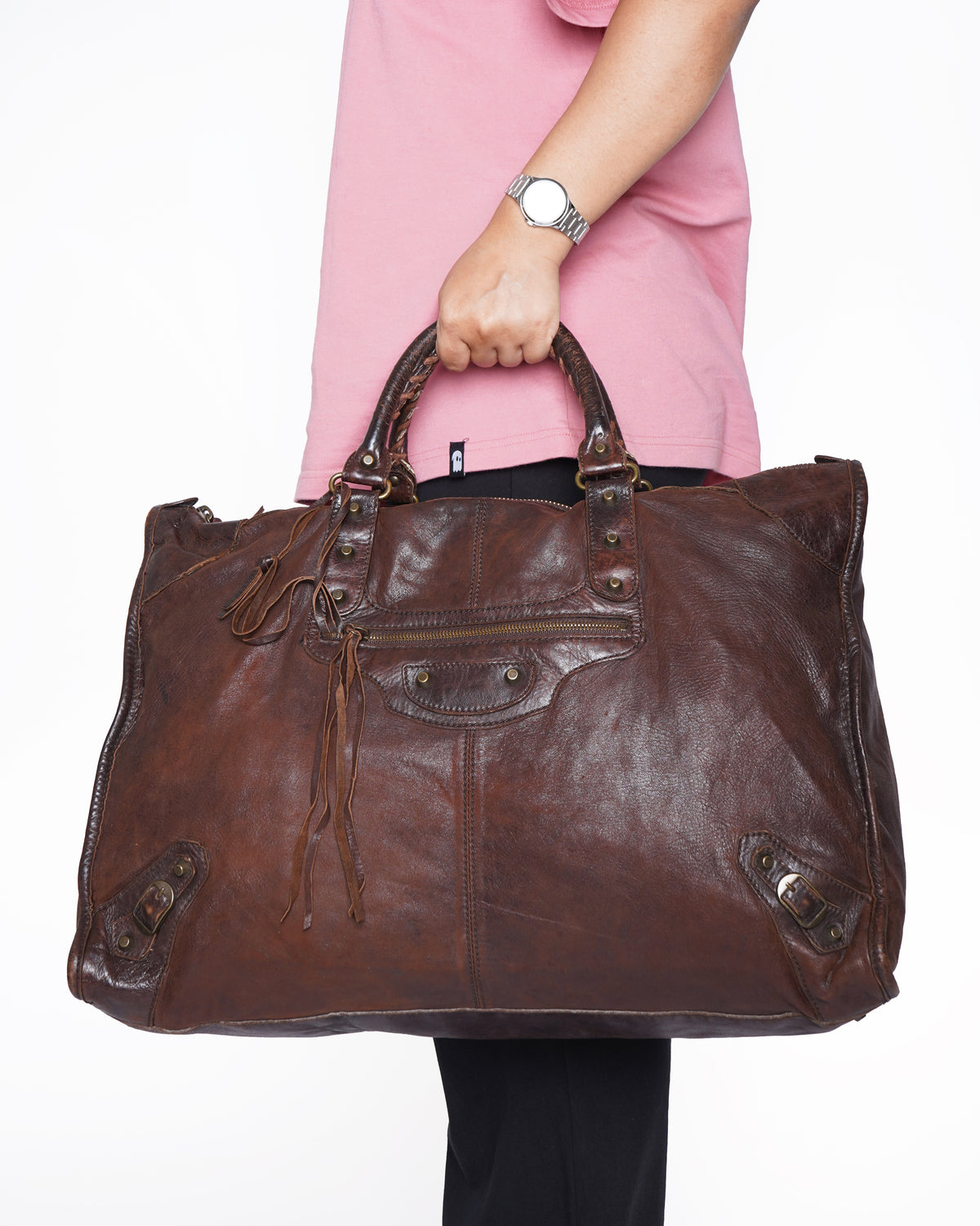 Balenciaga Brown Leather Brogues Voyage Weekender Bag