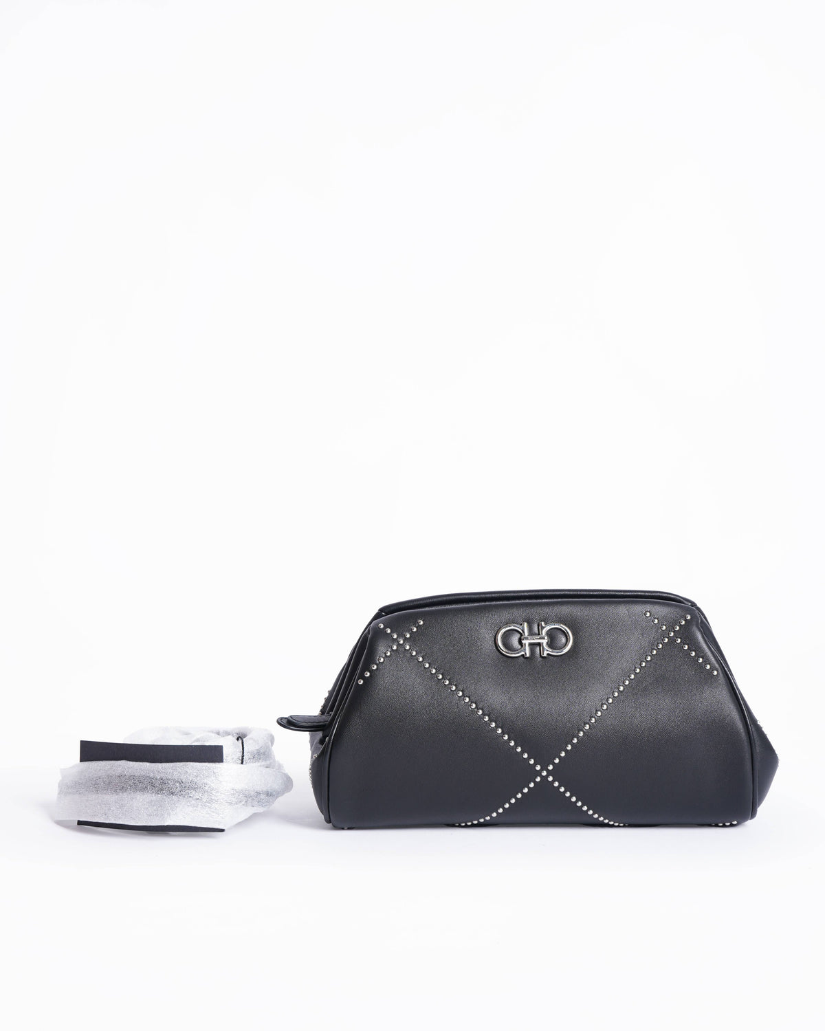 New Salvatore Ferragamo Gancini Studded Lambskin Clutch Bag With Shoulder Strap