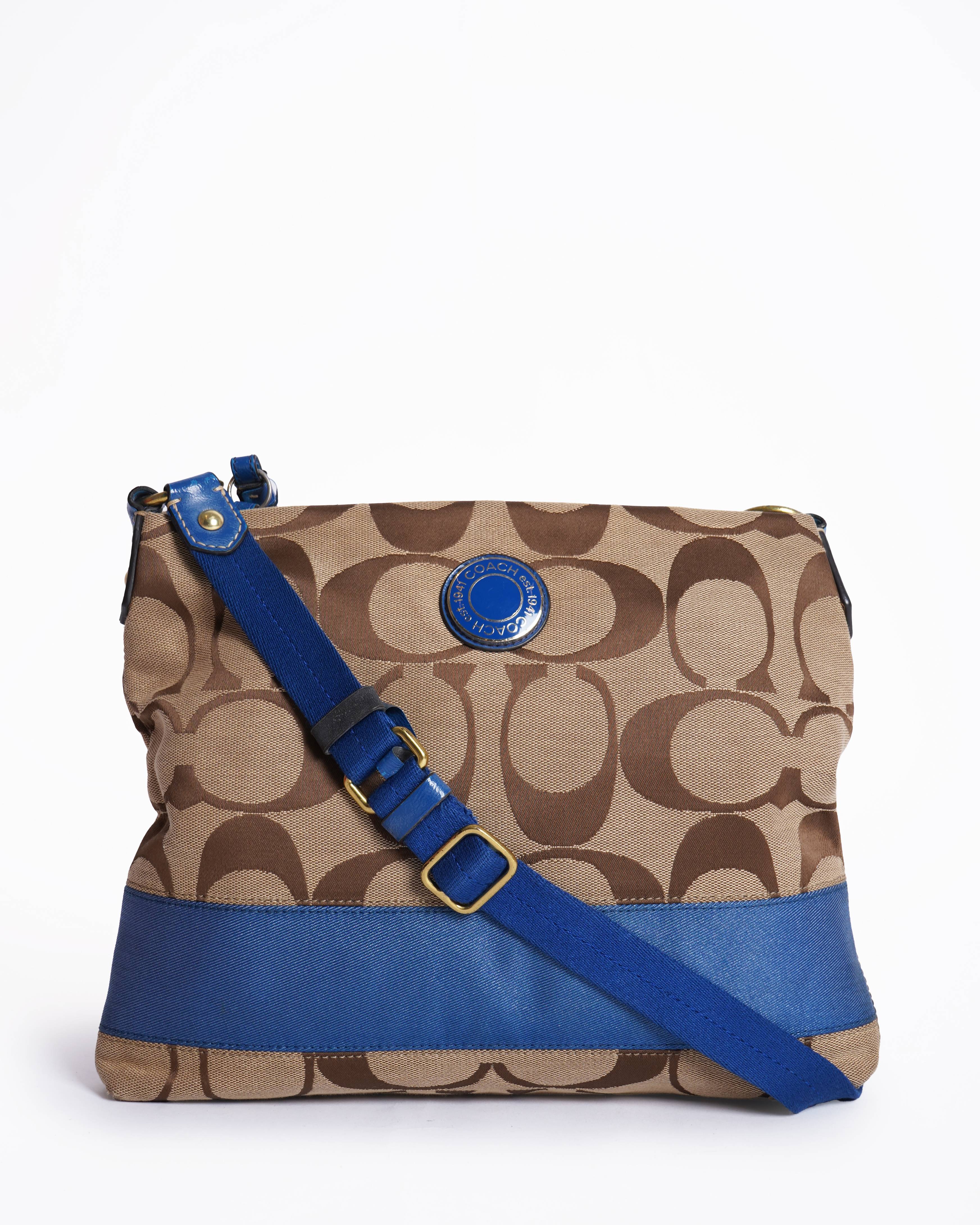 Coach Signature Stripe File Bag- Khaki Cobalt Blue