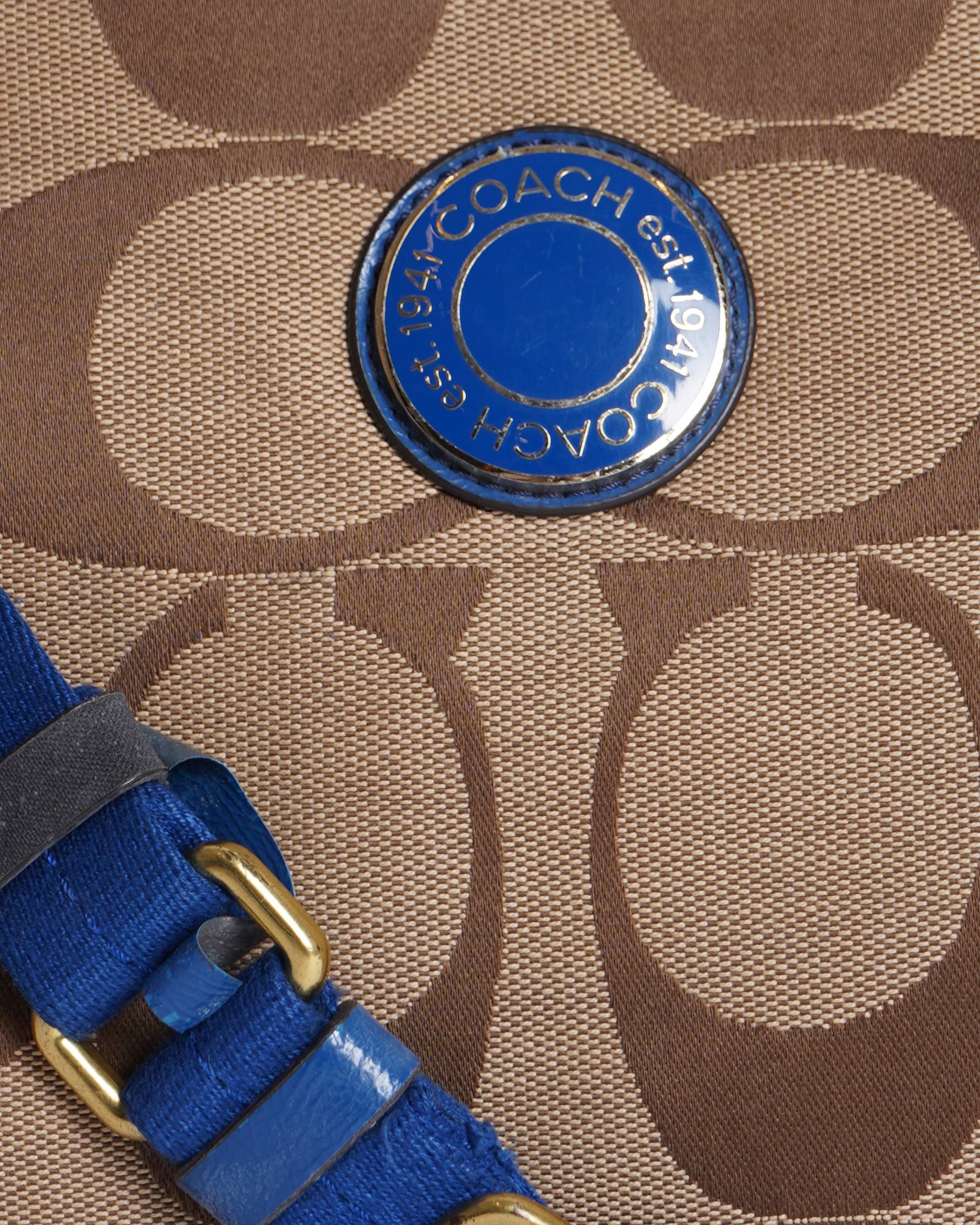Coach Signature Stripe File Bag- Khaki Cobalt Blue