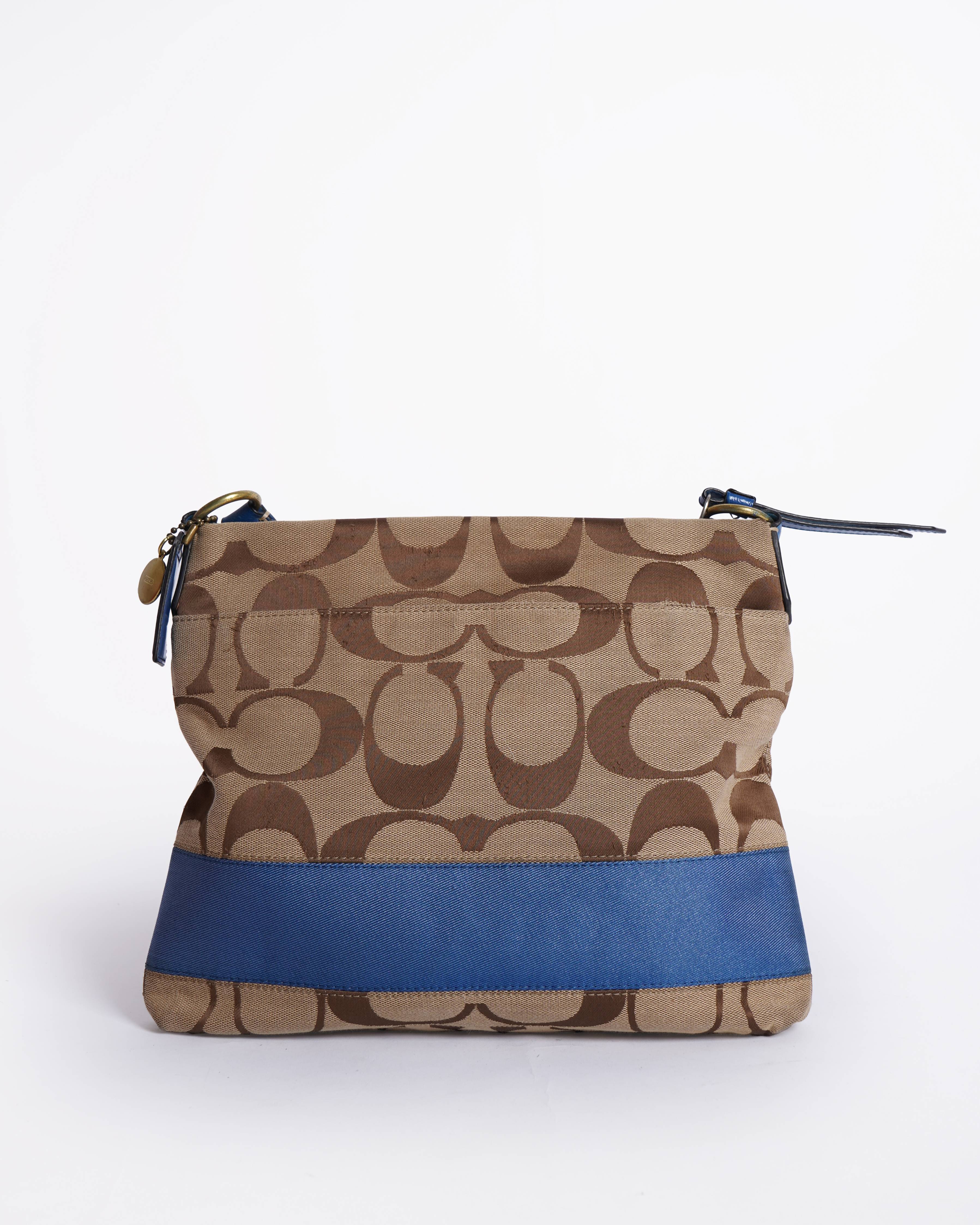Coach Signature Stripe File Bag- Khaki Cobalt Blue
