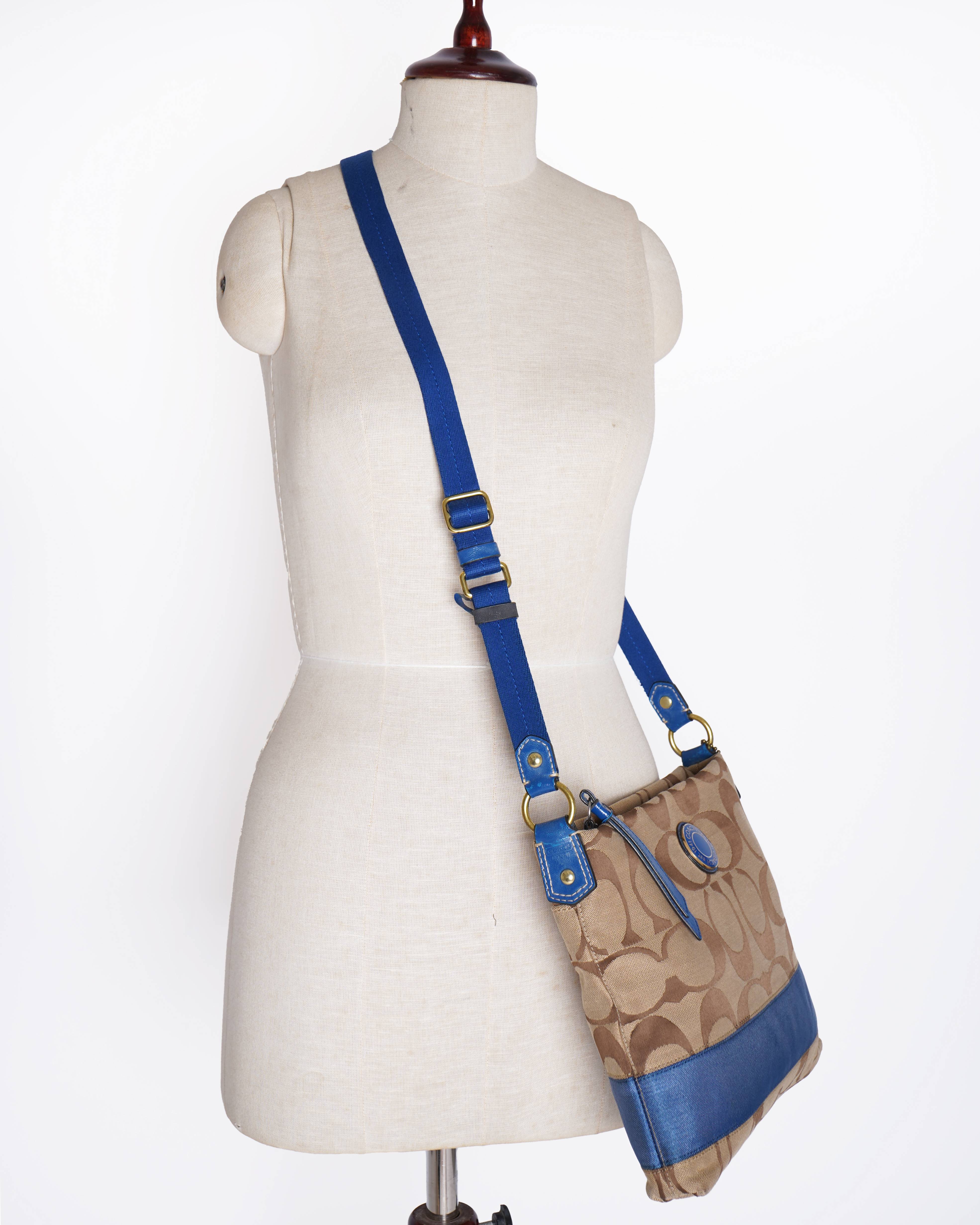 Coach Signature Stripe File Bag- Khaki Cobalt Blue