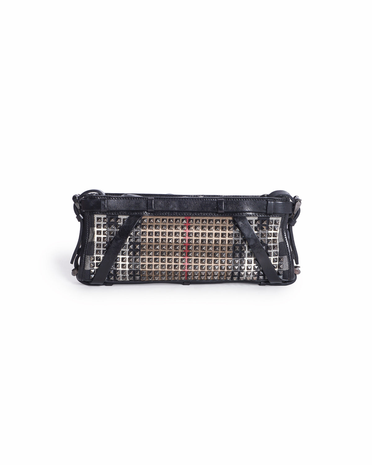 Burberry Studded Nova Check Canvas Barrel Clutch Bag