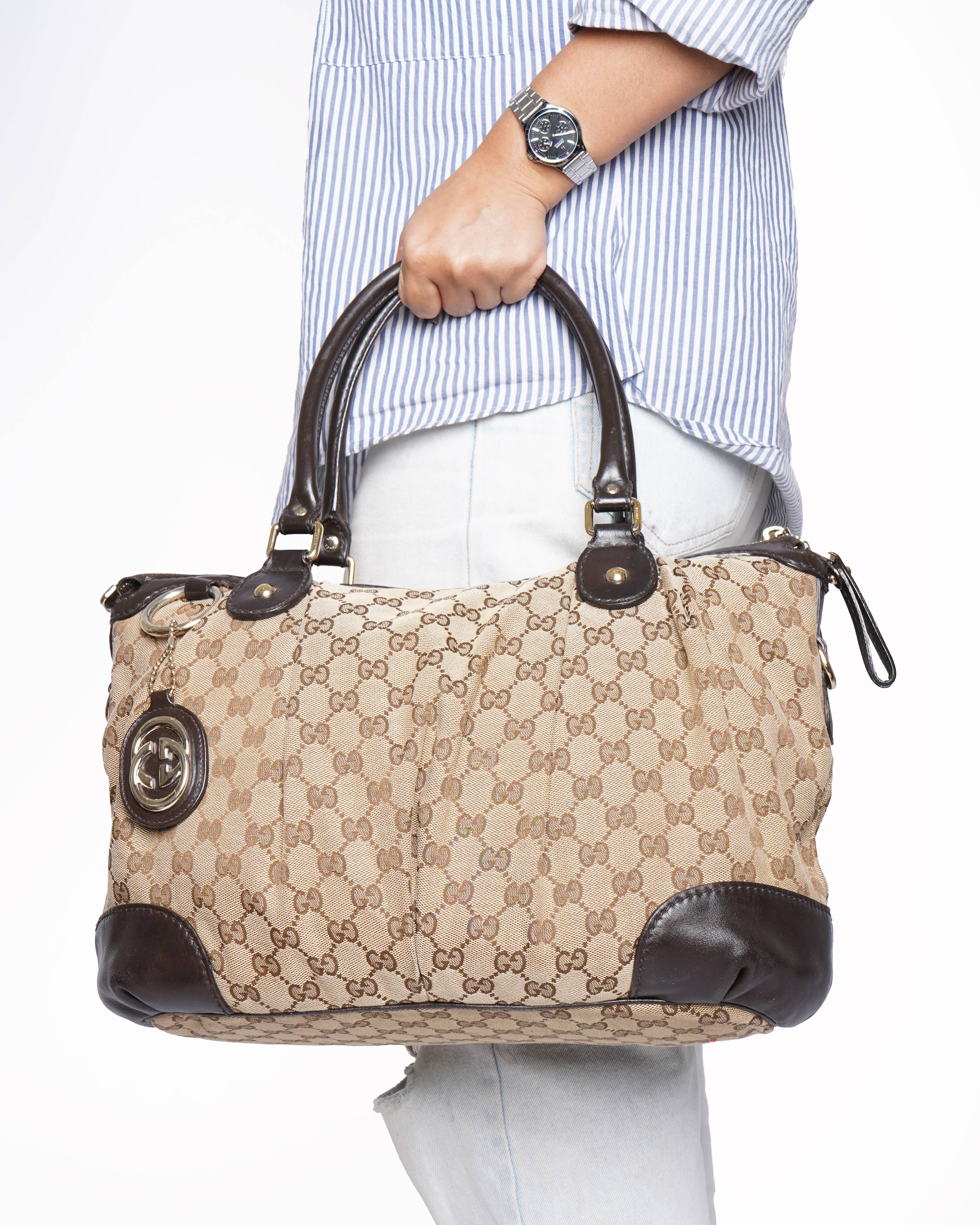 Gucci Beige GG Monogram Canvas & Leather Shoulder Bag | Authentic