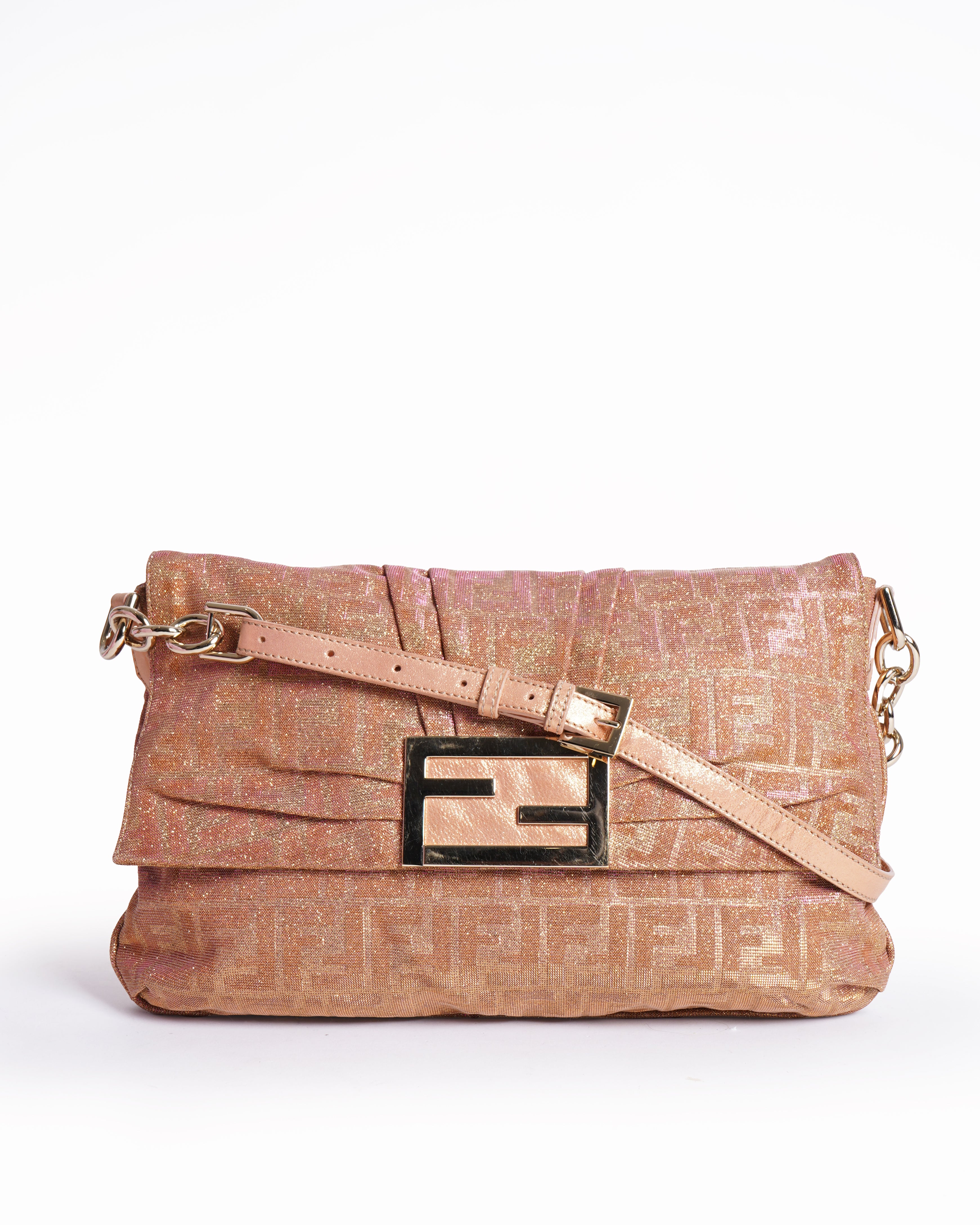 FENDIバッグ Fendi Large Mia Pink Metallic Lurex Zucca Flap Shoulder Bag