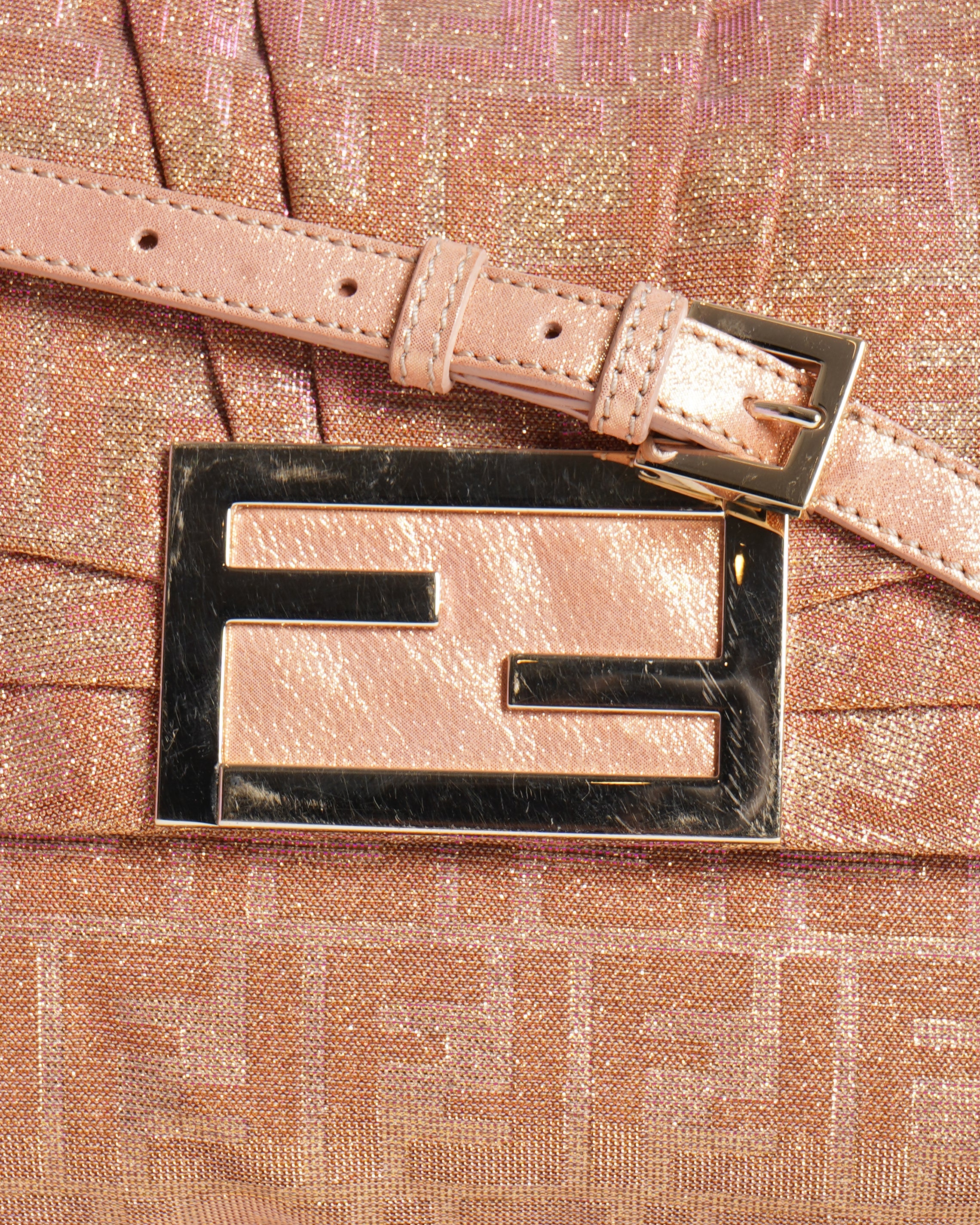 Fendi Large Mia Pink Metallic Lurex Zucca Flap Shoulder Bag