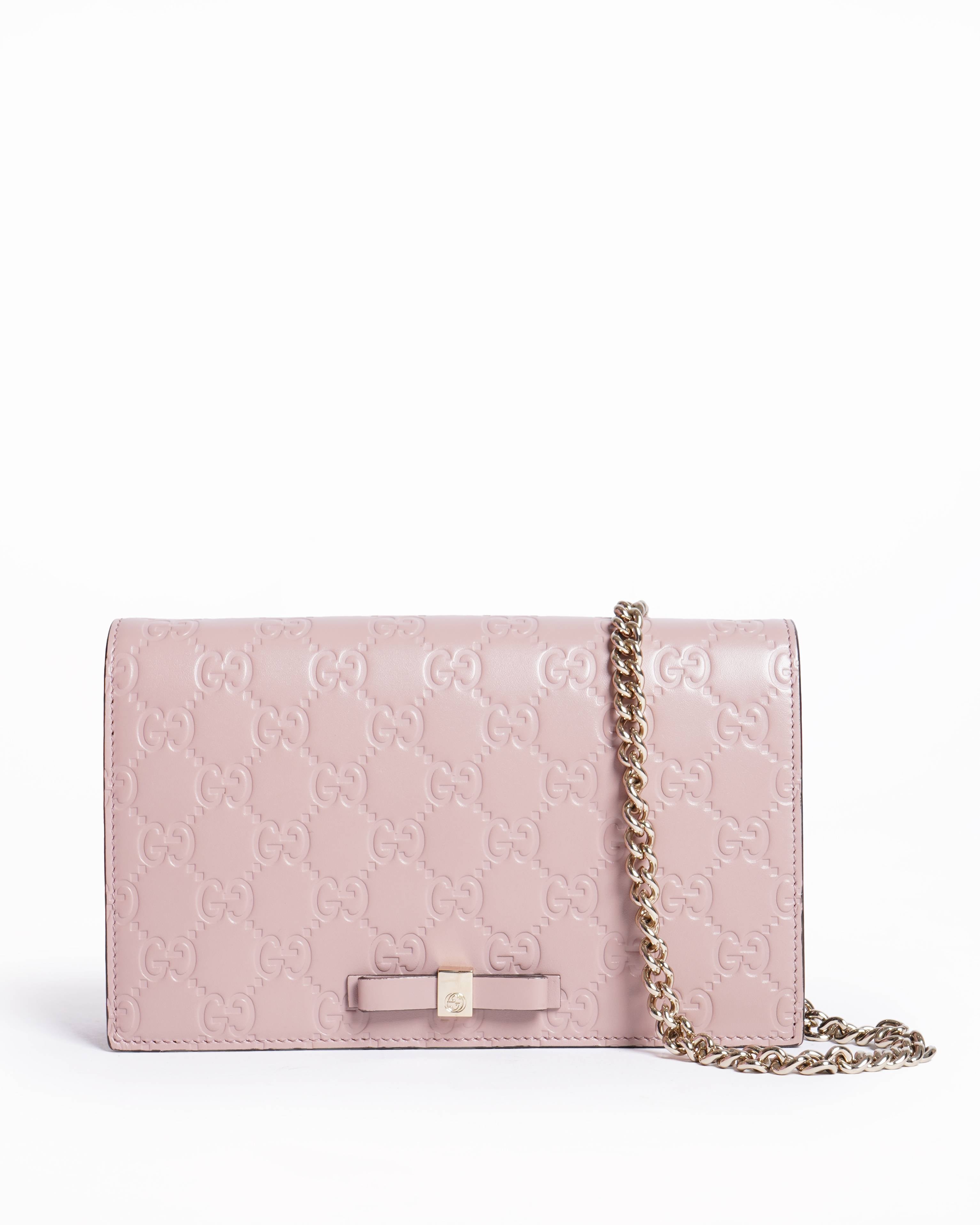 Gucci Pink Guccissima Leather Bow Flap Wallet on Chain
