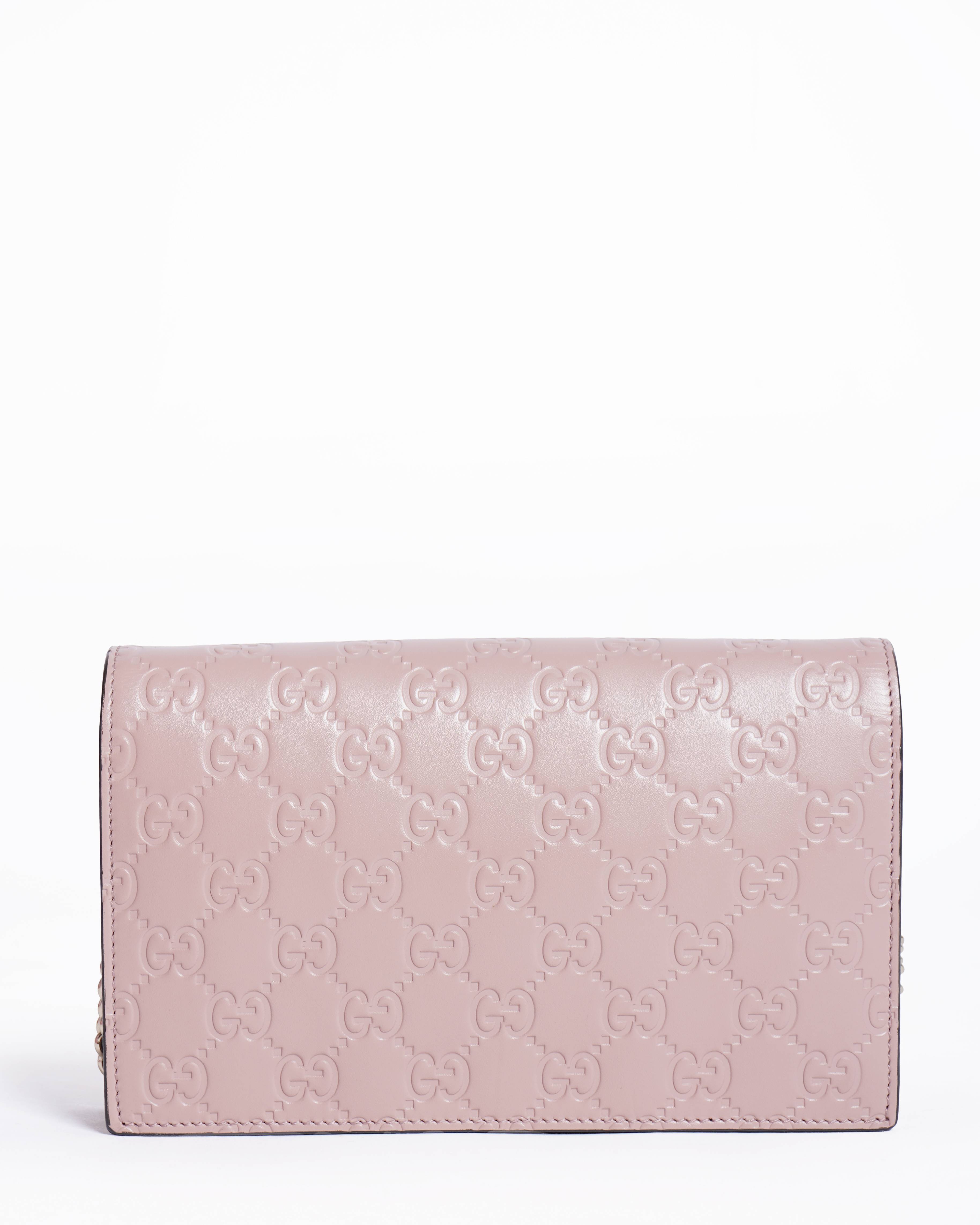 Gucci Pink Guccissima Leather Bow Flap Wallet on Chain