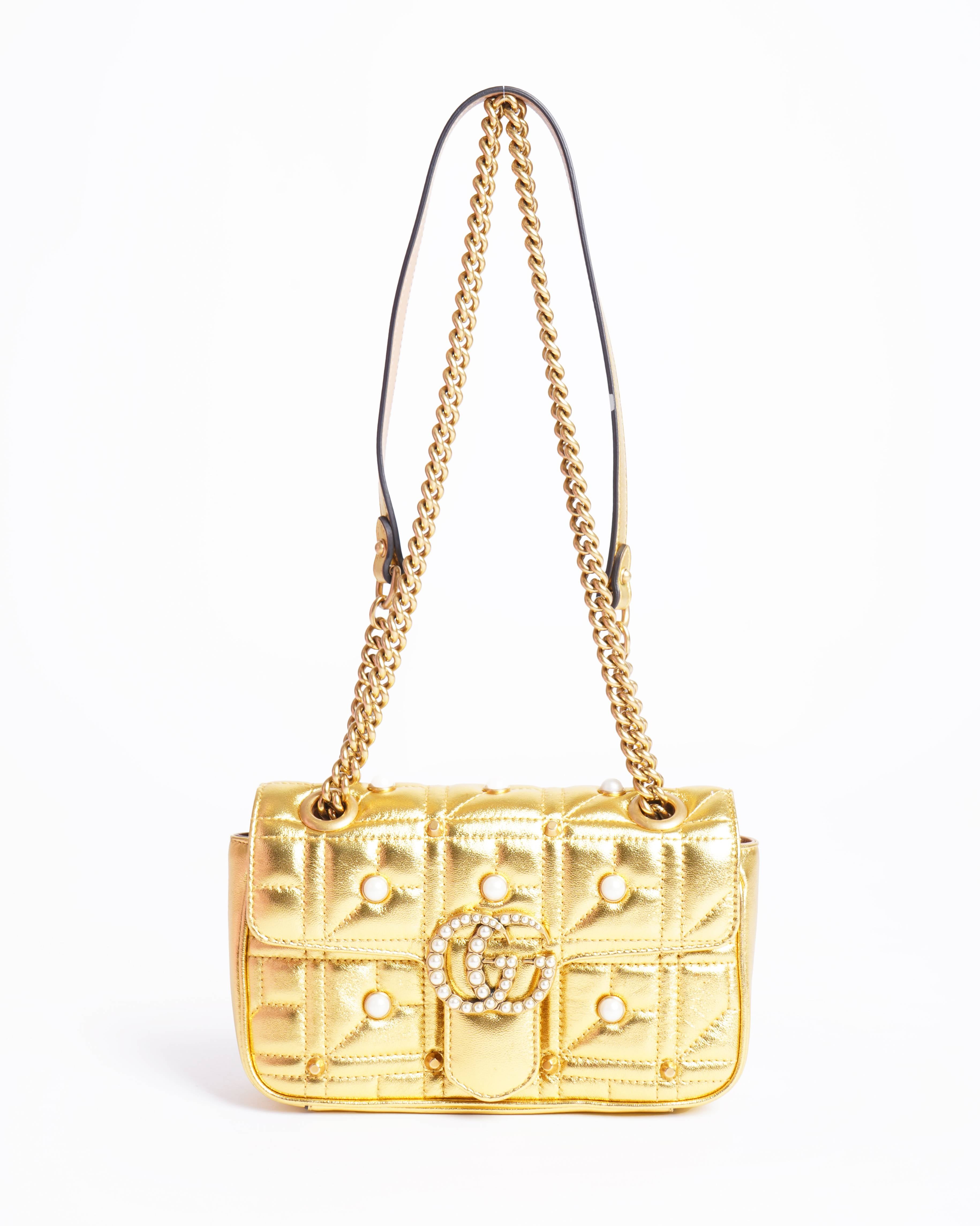 New Gucci Gold Quilted Leather & Pearl Marmont Shoulder Bag