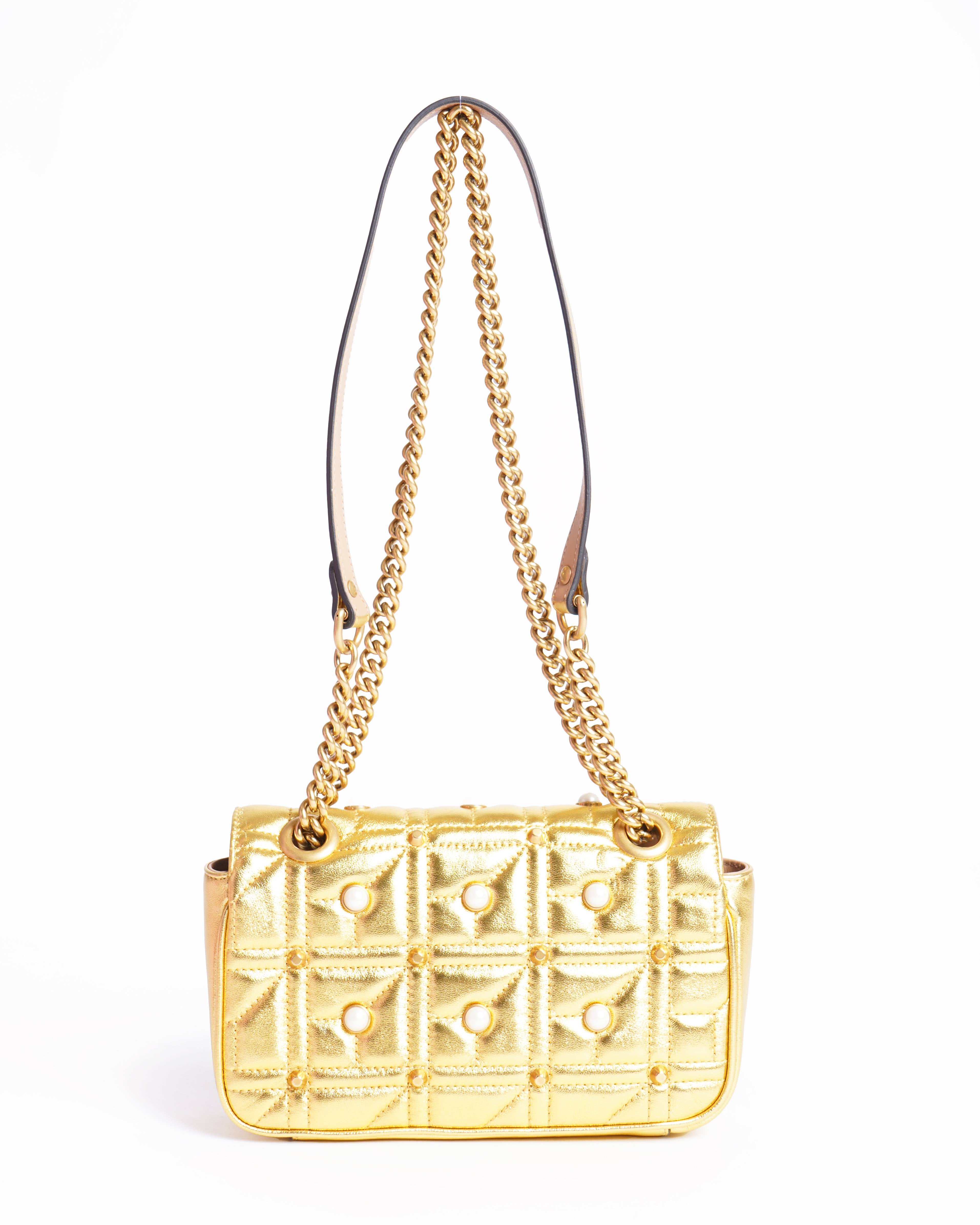 New Gucci Gold Quilted Leather & Pearl Marmont Shoulder Bag