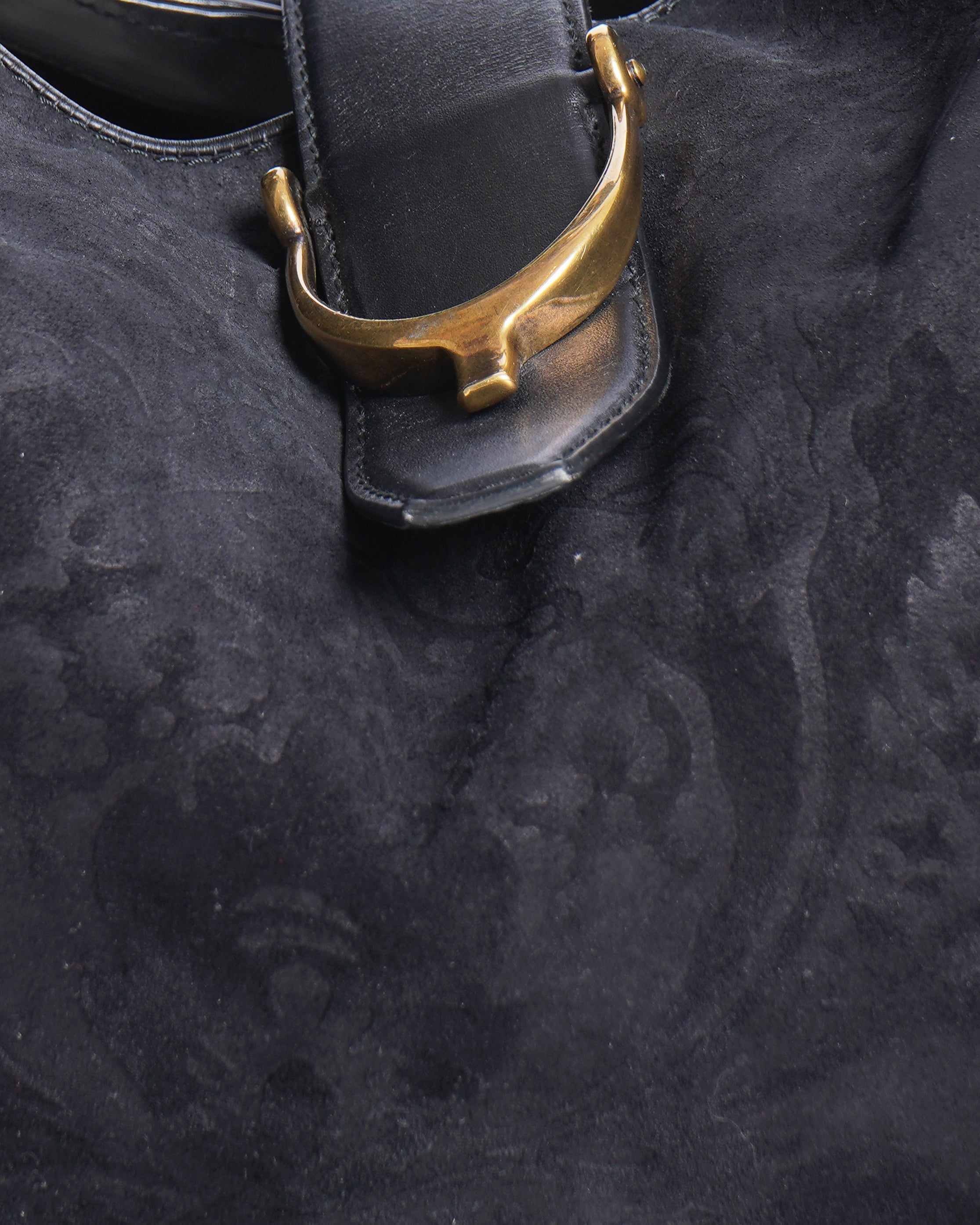Gucci black brocade suede and leather stirup hobo bag