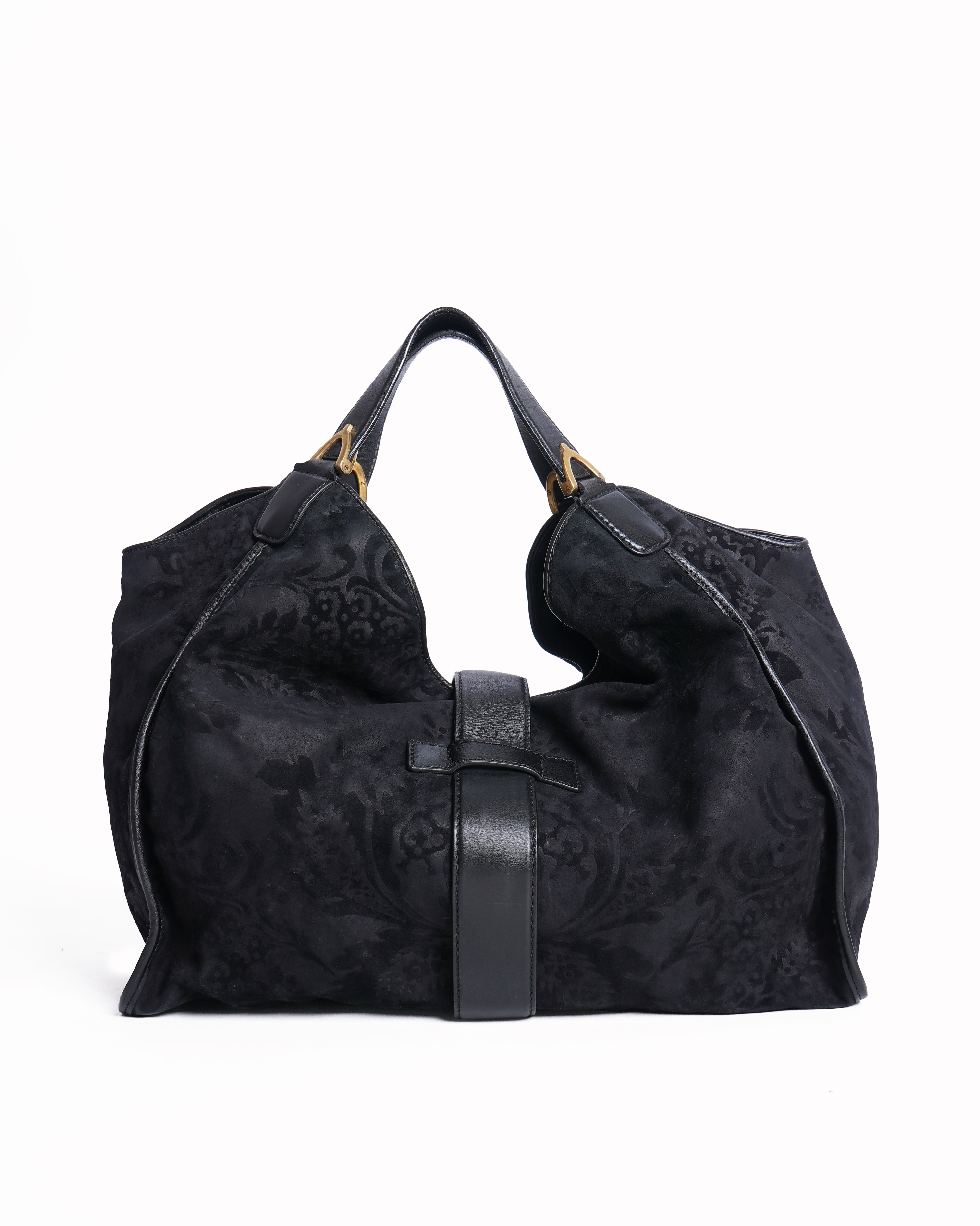 Gucci black brocade suede and leather stirup hobo bag