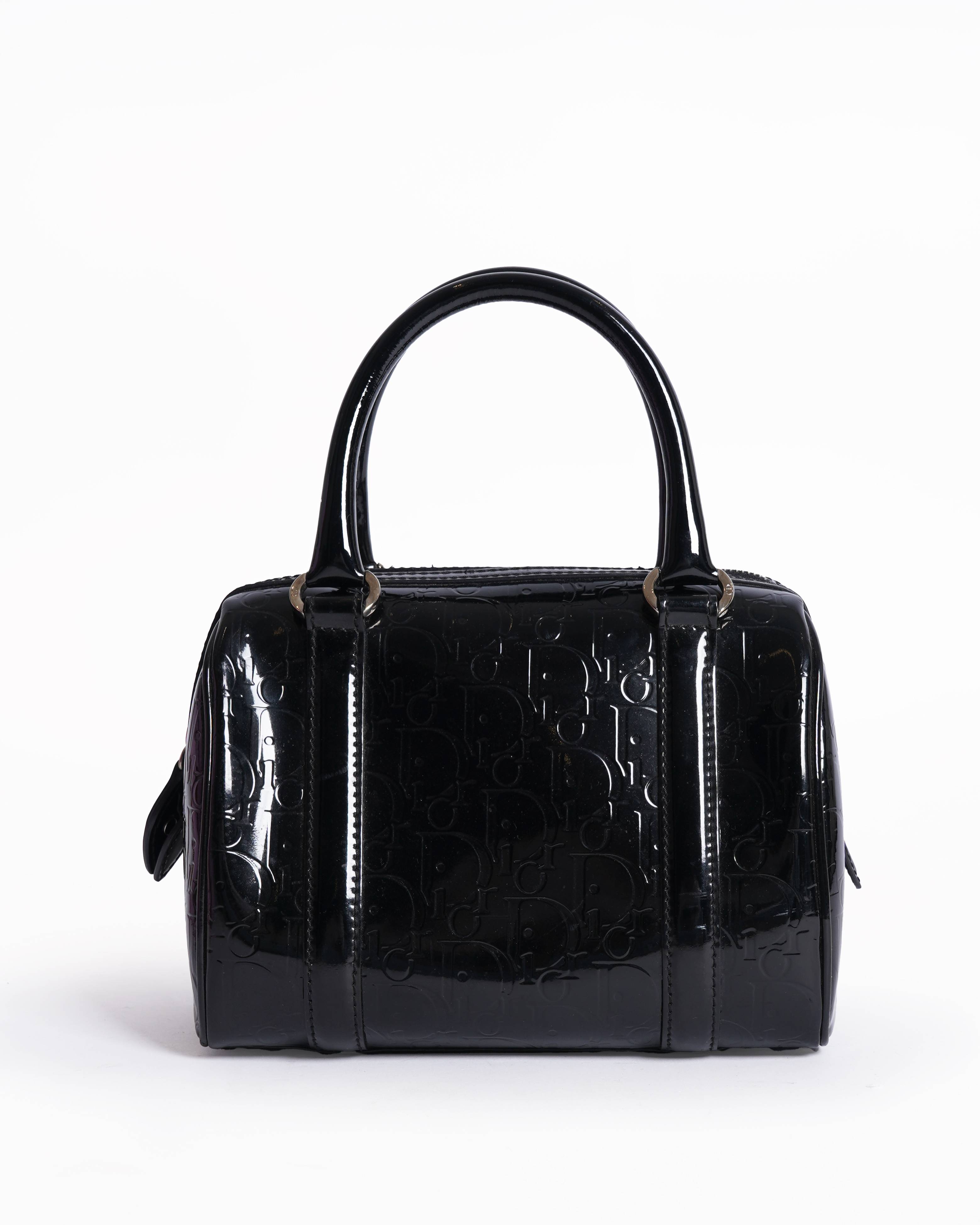 Christian dior boston bag in black monogram patent leather