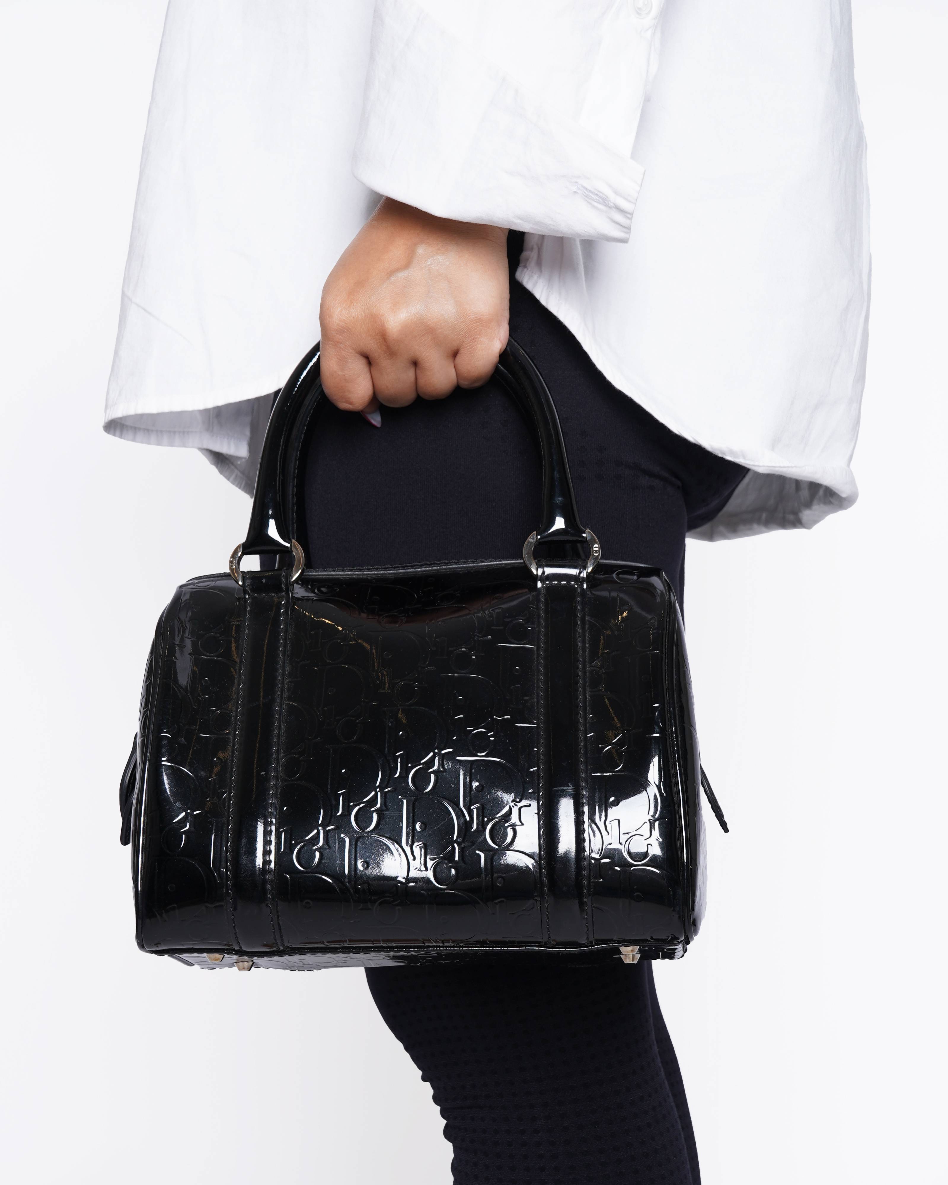 Christian dior boston bag in black monogram patent leather