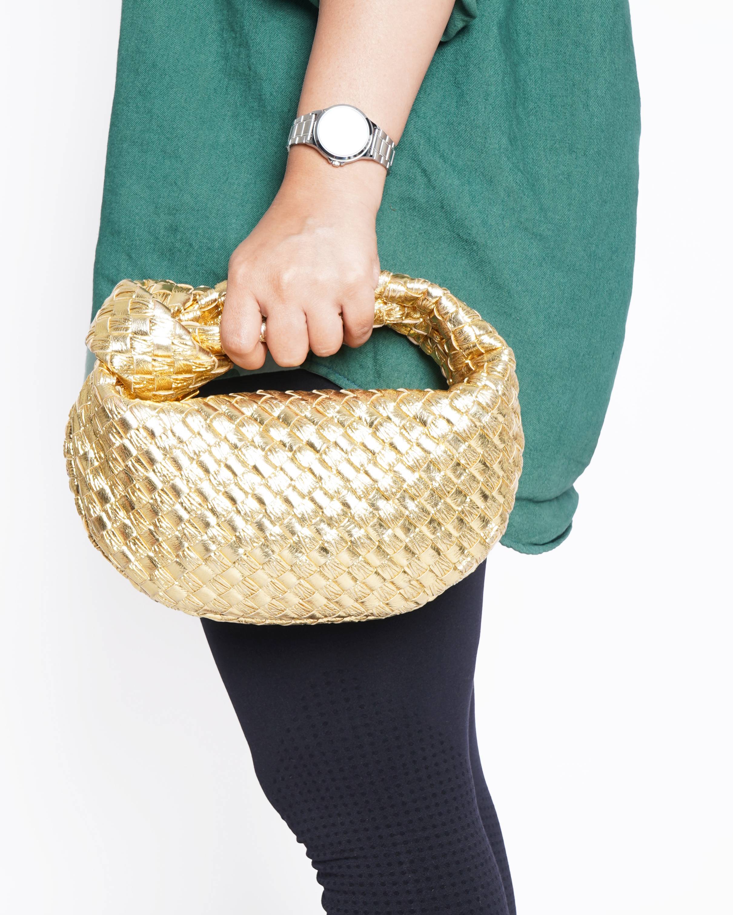 Bottega Veneta Mini Jodie Metallic Gold Intrecciato Handbag