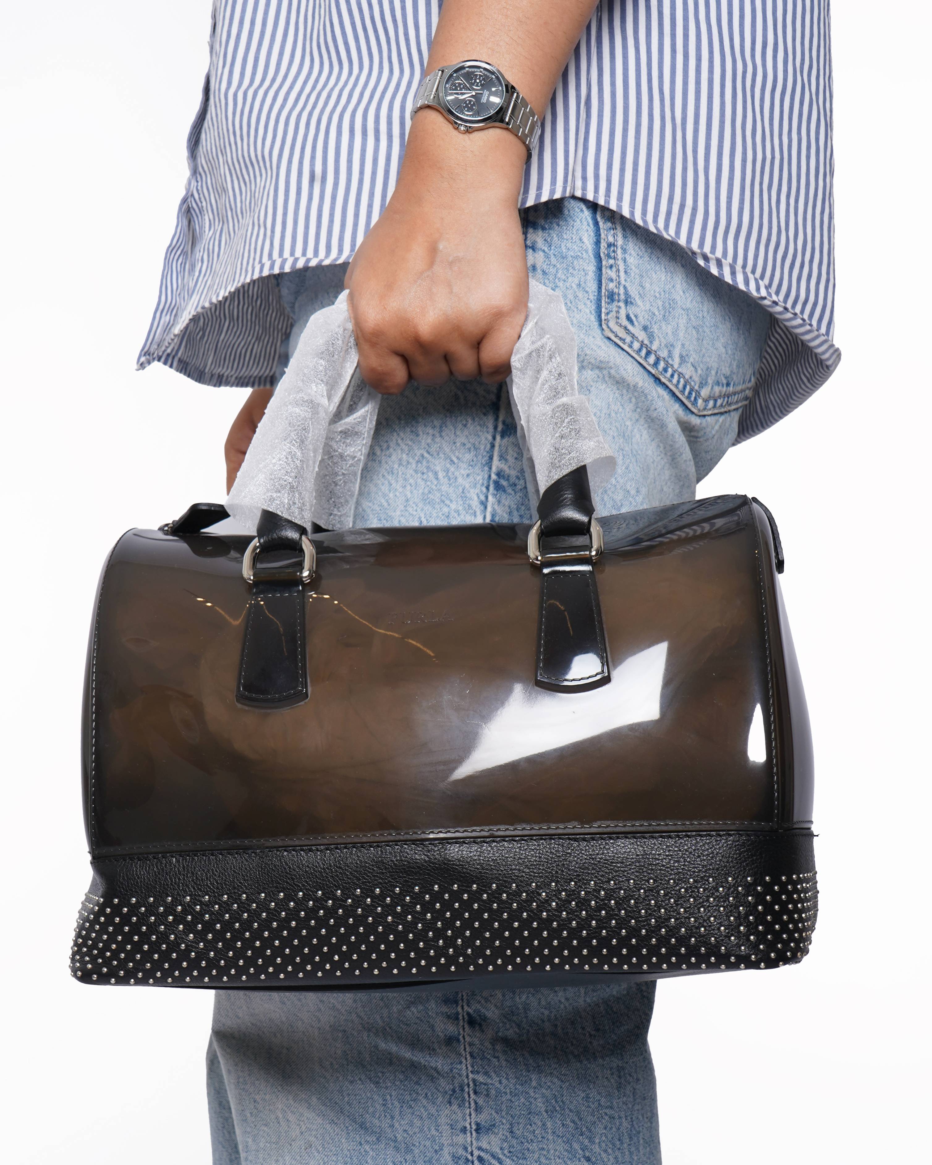 New Furla Black Jelly studded boston Handbag