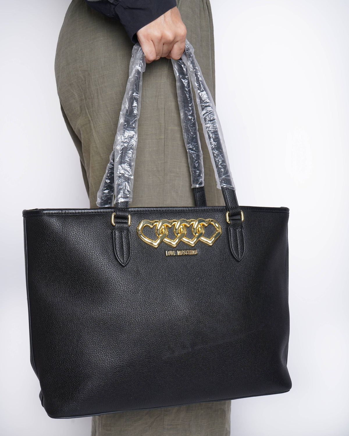 New Love Moschino Borsa Big Heart Chain Tote In Black