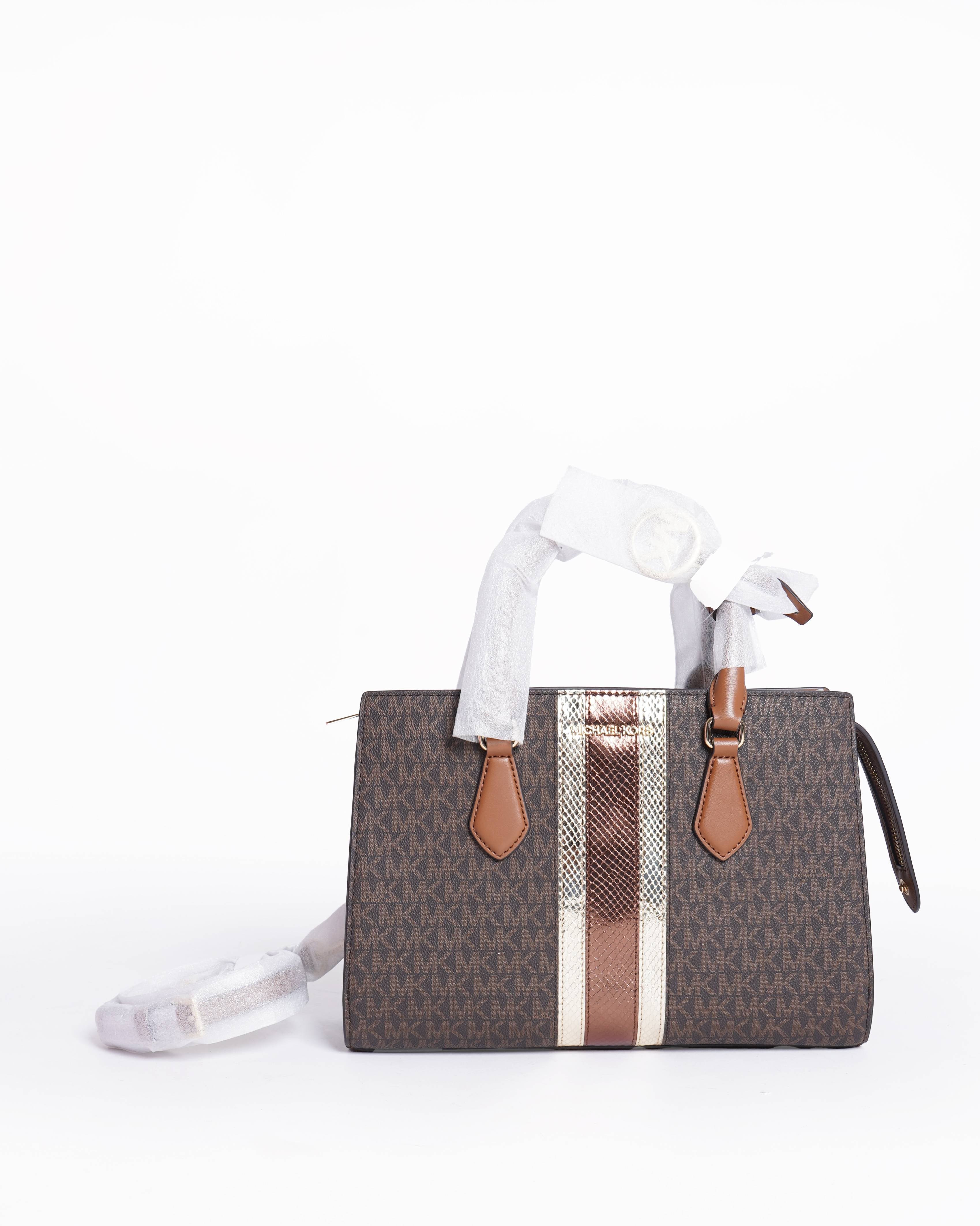 New Michael Kors Sheila Medium Signature Logo and Metallic Satchel