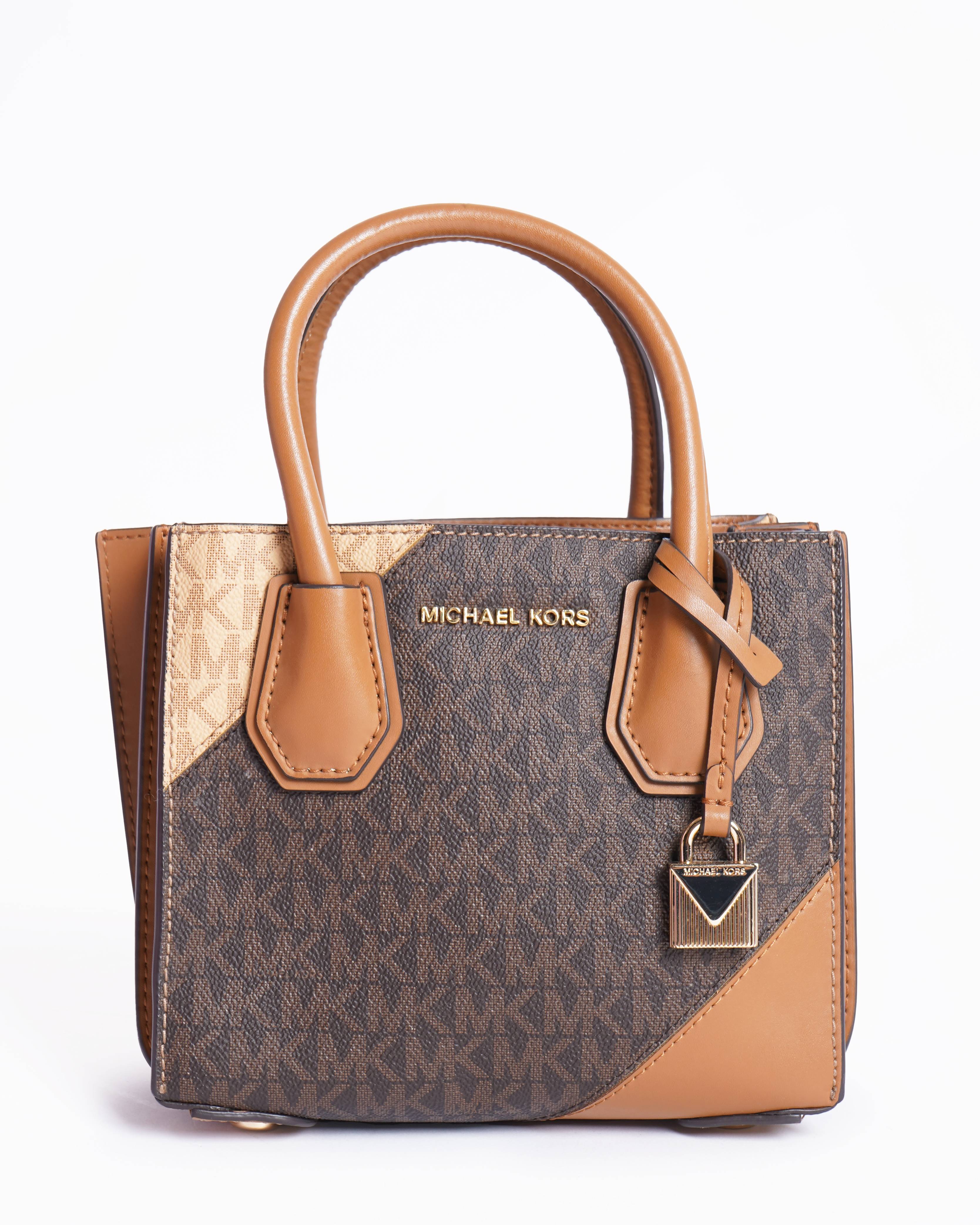 New Michael Kors Brown/Tan Signature Coated Canvas and Leather Mercer Tote