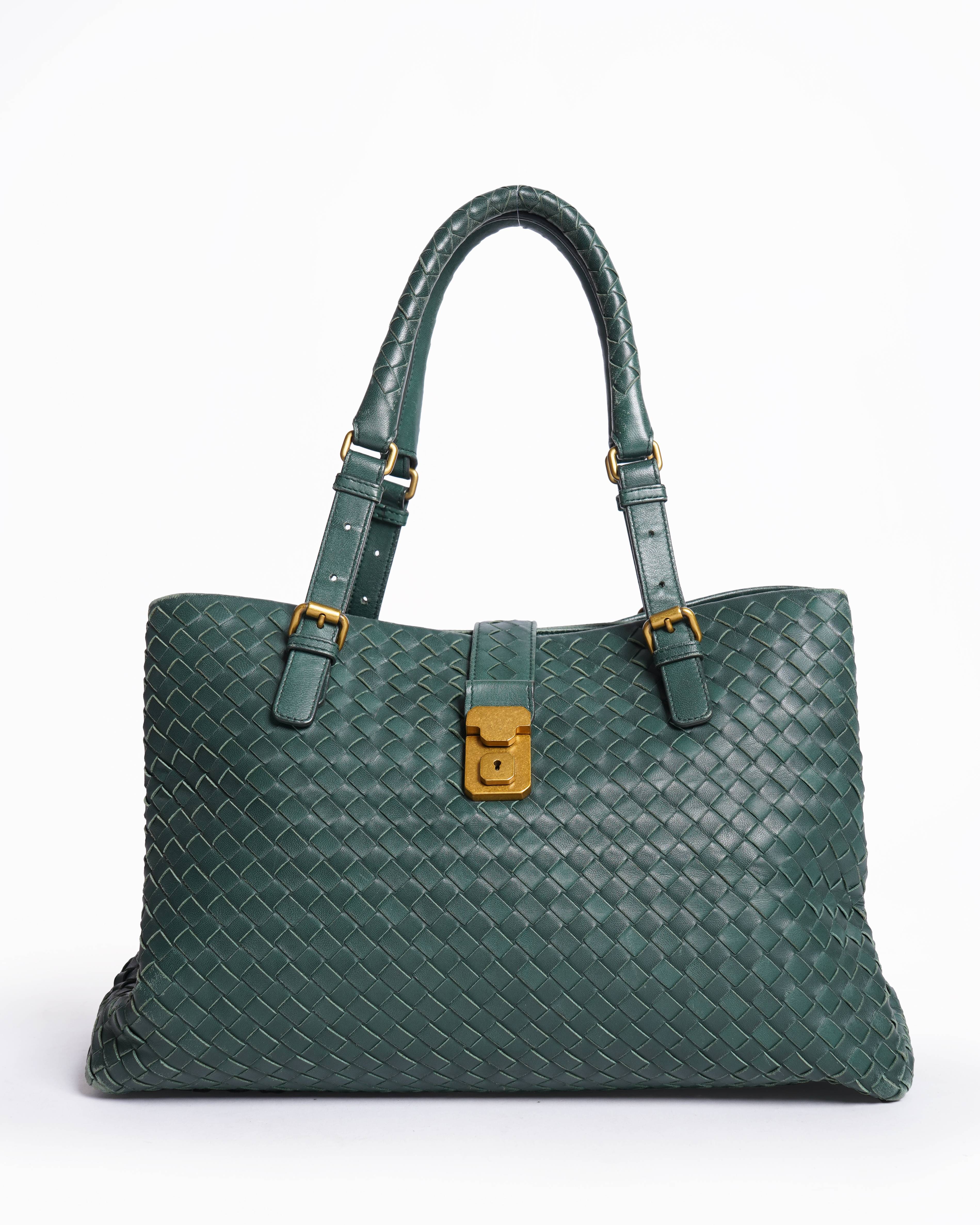 Bottega Veneta Green Intrecciato Leather Roma Tote Bag