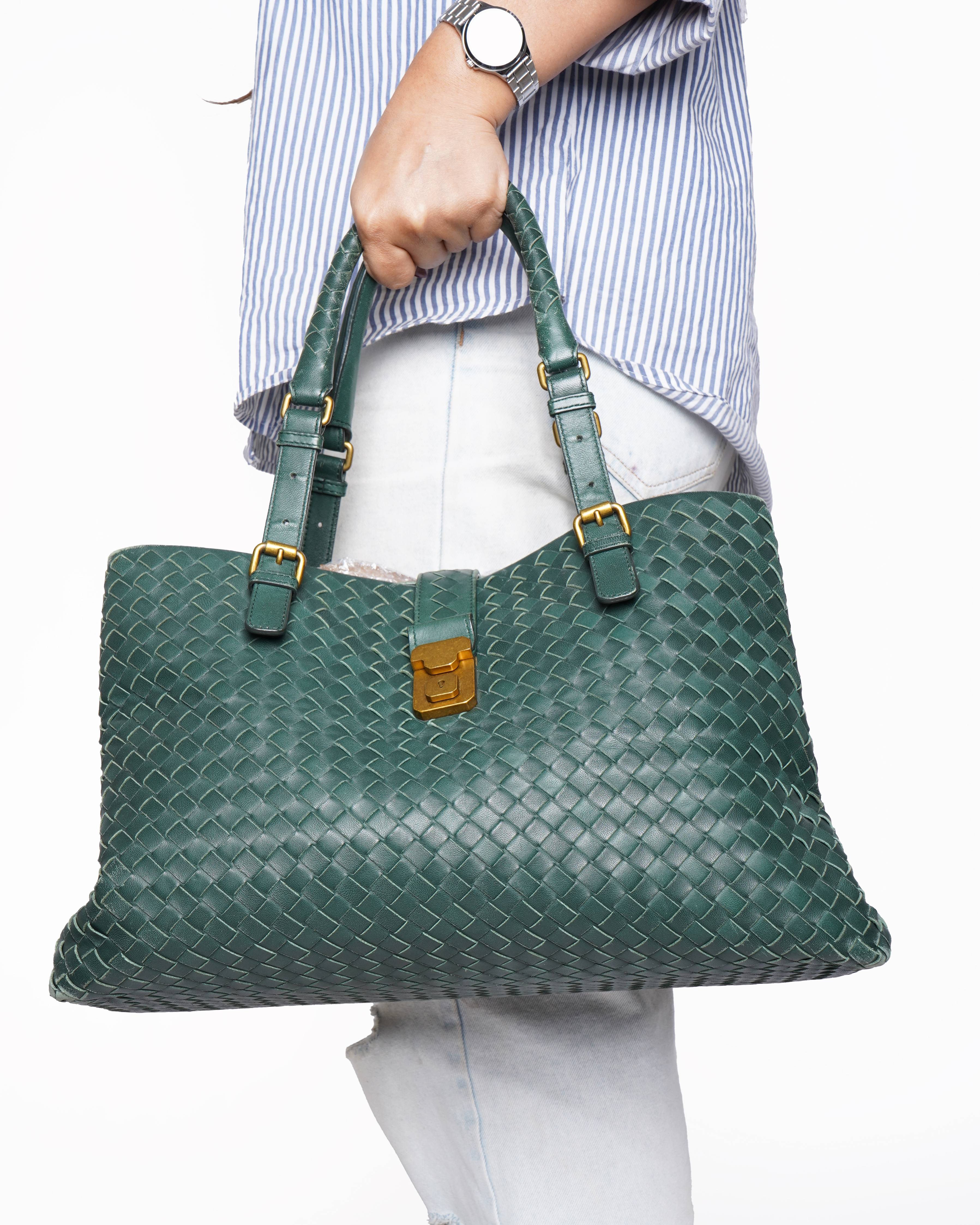 Bottega Veneta Green Intrecciato Leather Roma Tote Bag