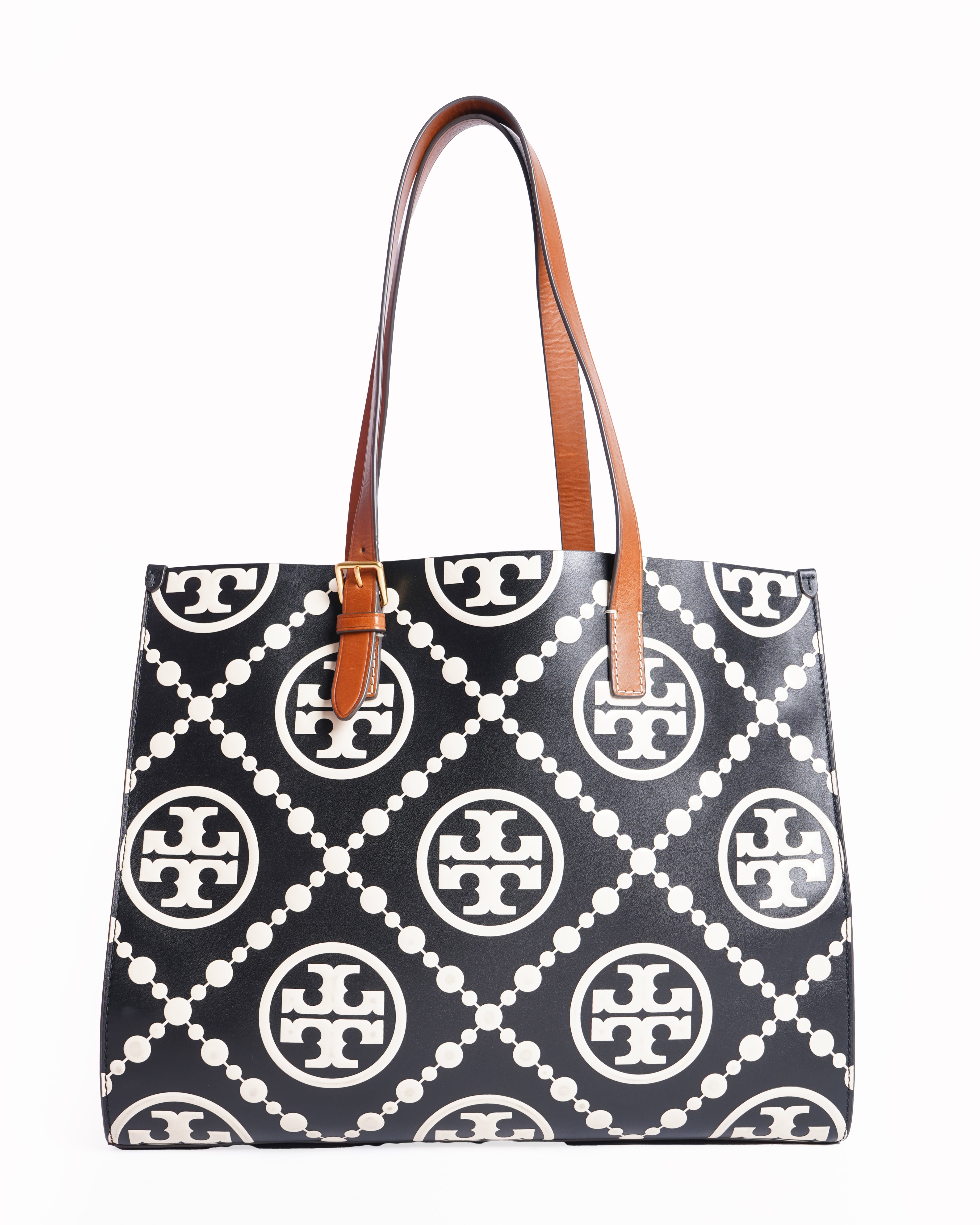 Tory Burch Black/Off-White T Monogram Embossed Leather Tote