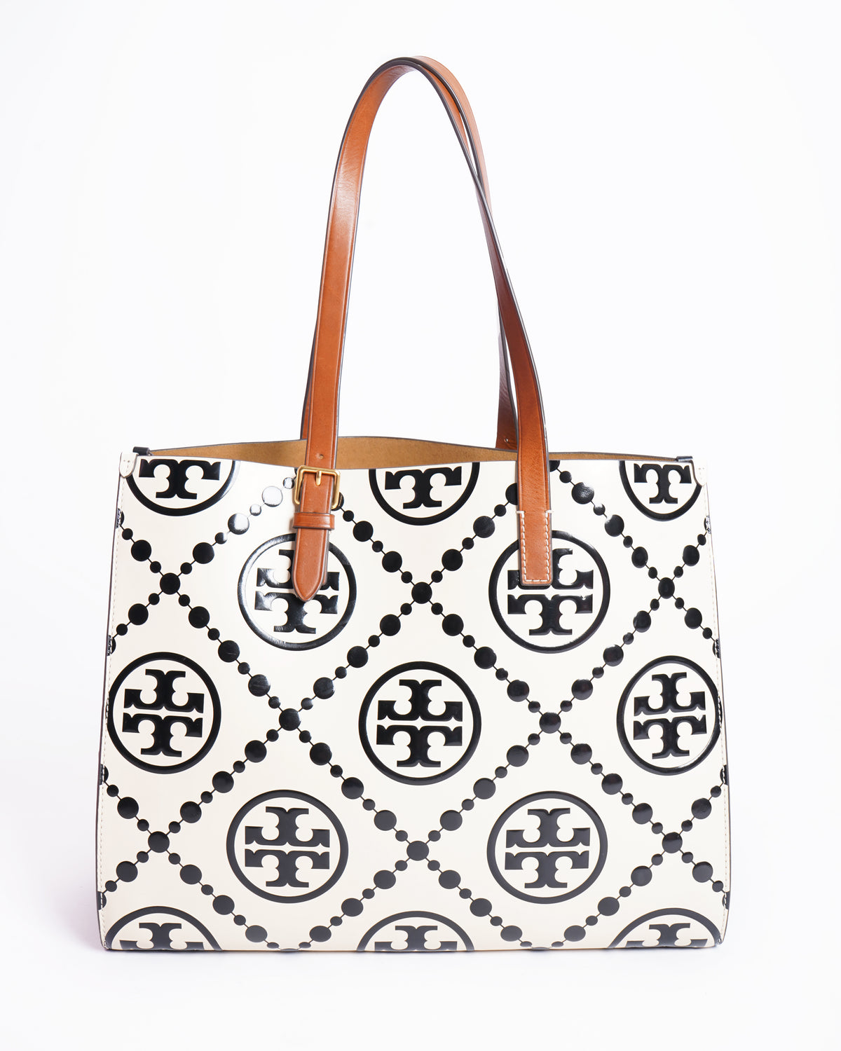 Tory Burch Black/Off-White T Monogram Embossed Leather Tote