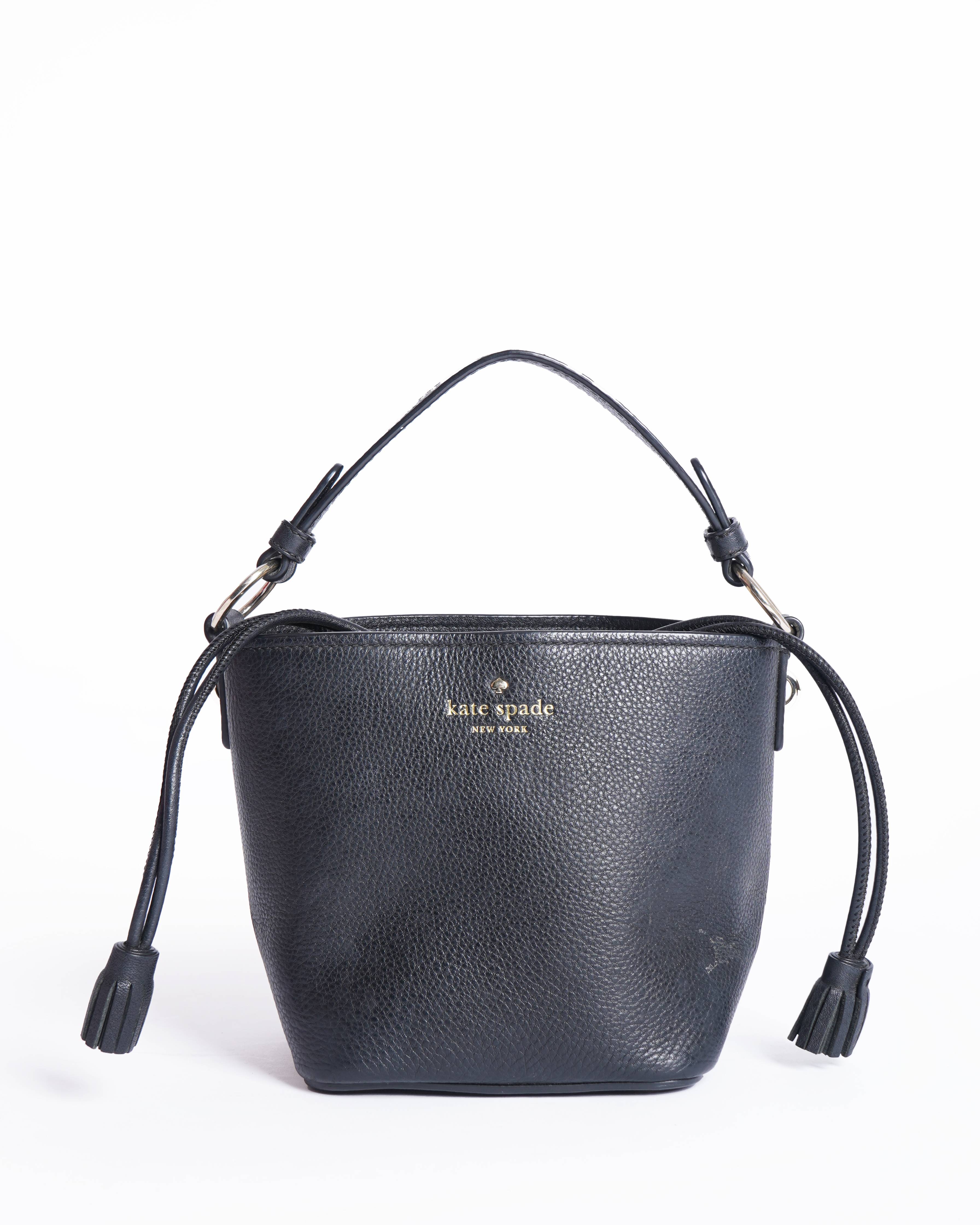 Kate Spade Black Leather Bucket Drawstring with White Lining Bag