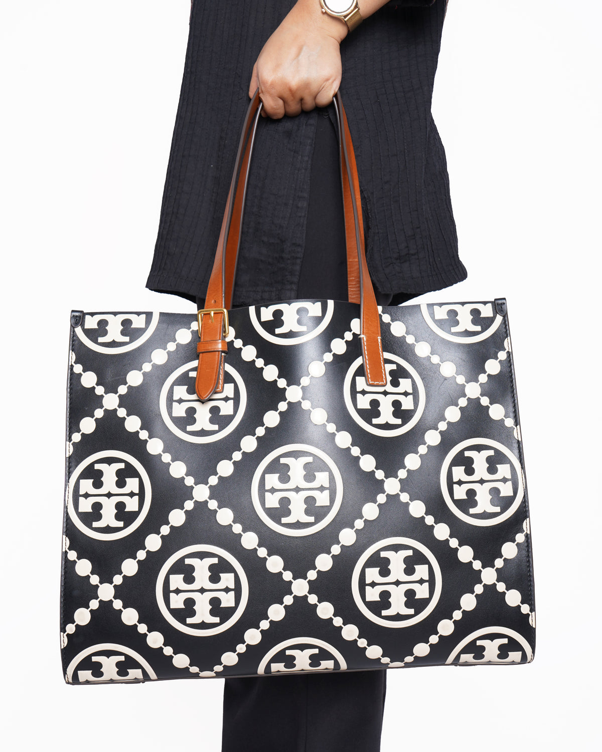 Tory Burch Black/Off-White T Monogram Embossed Leather Tote