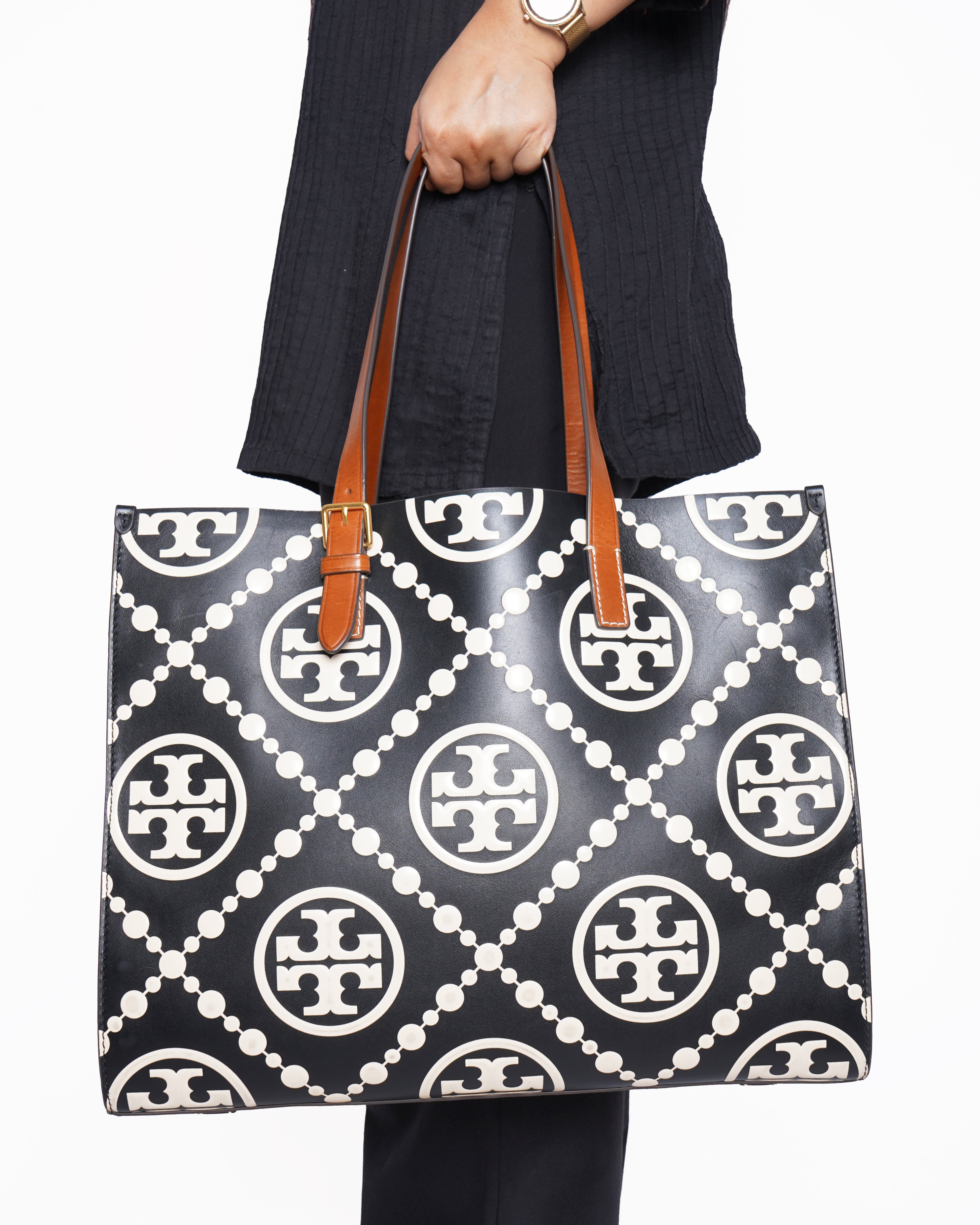 Tory Burch Black/Off-White T Monogram Embossed Leather Tote