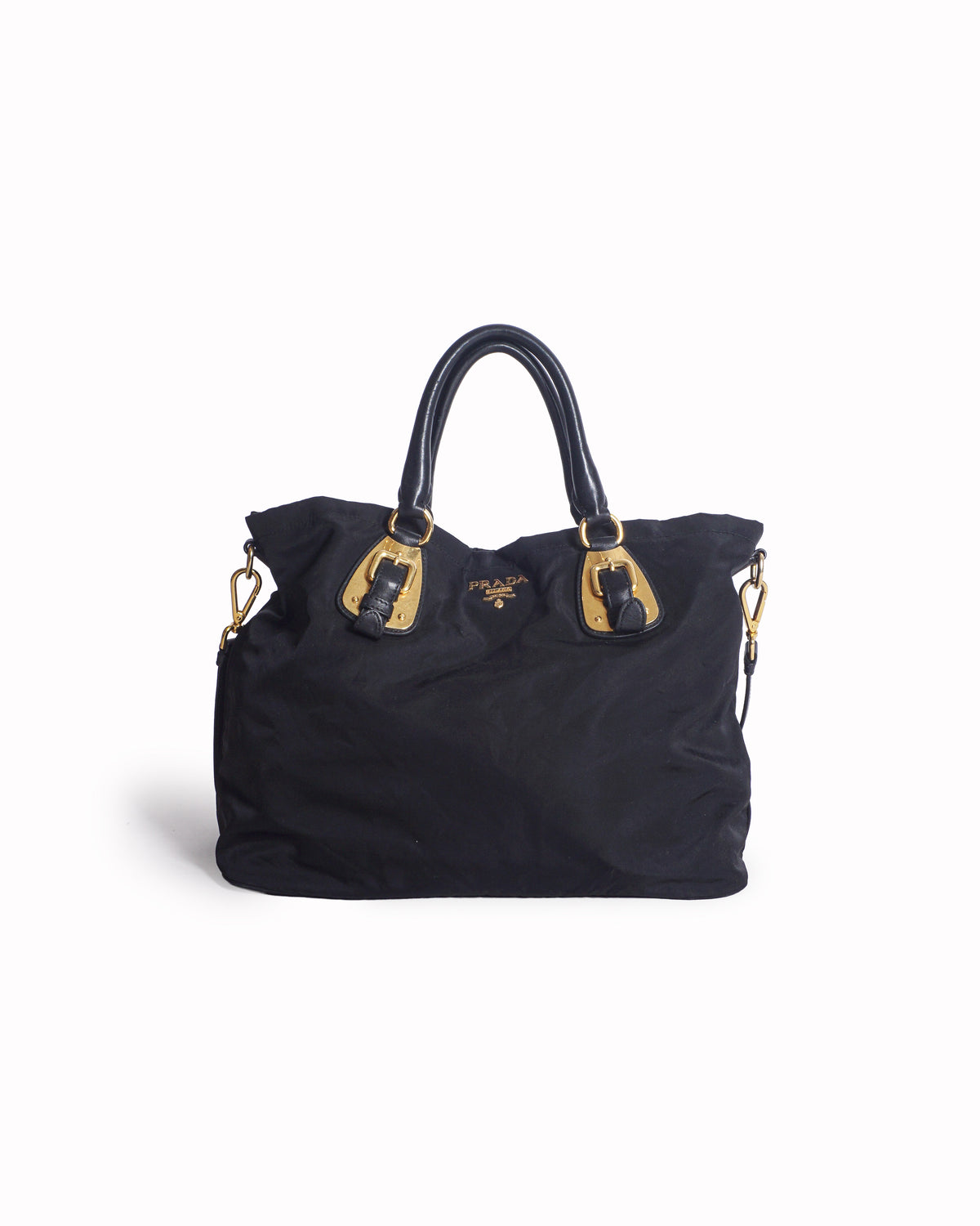 Prada Black Tessuto Nylon Gold Buckle Tote Bag
