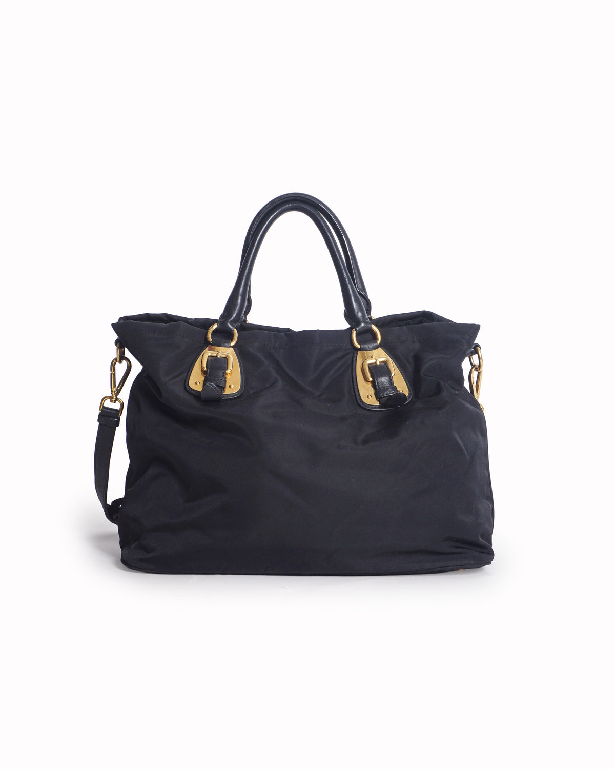 Prada Black Tessuto Nylon Gold Buckle Tote Bag