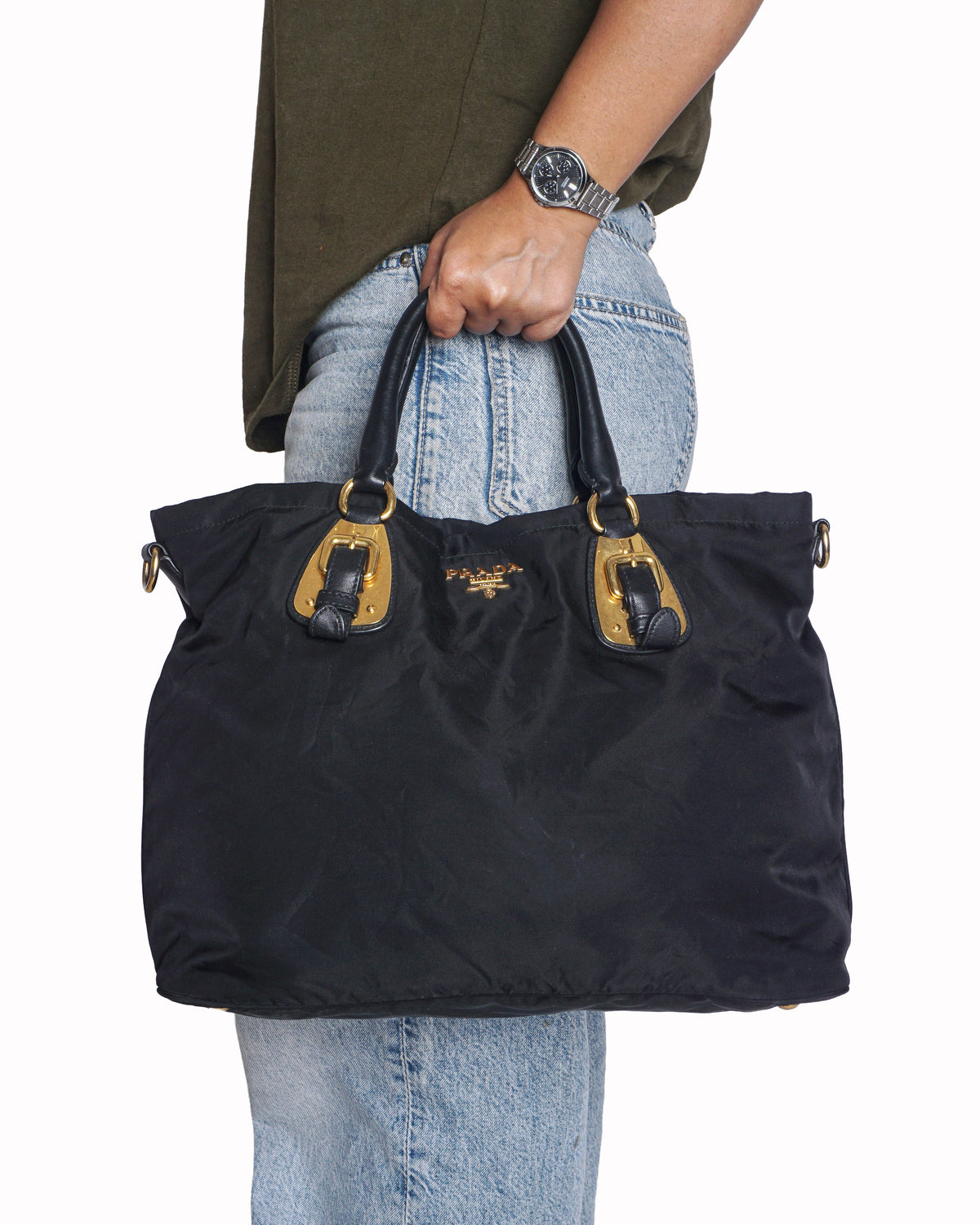 Prada Black Tessuto Nylon Gold Buckle Tote Bag
