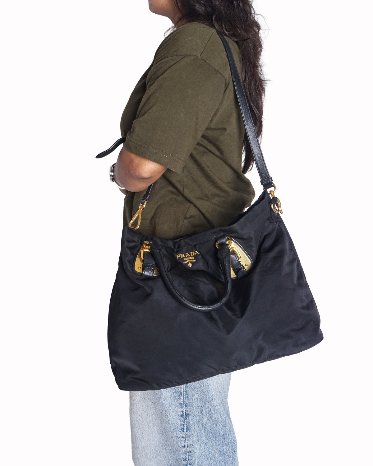 Prada Black Tessuto Nylon Gold Buckle Tote Bag