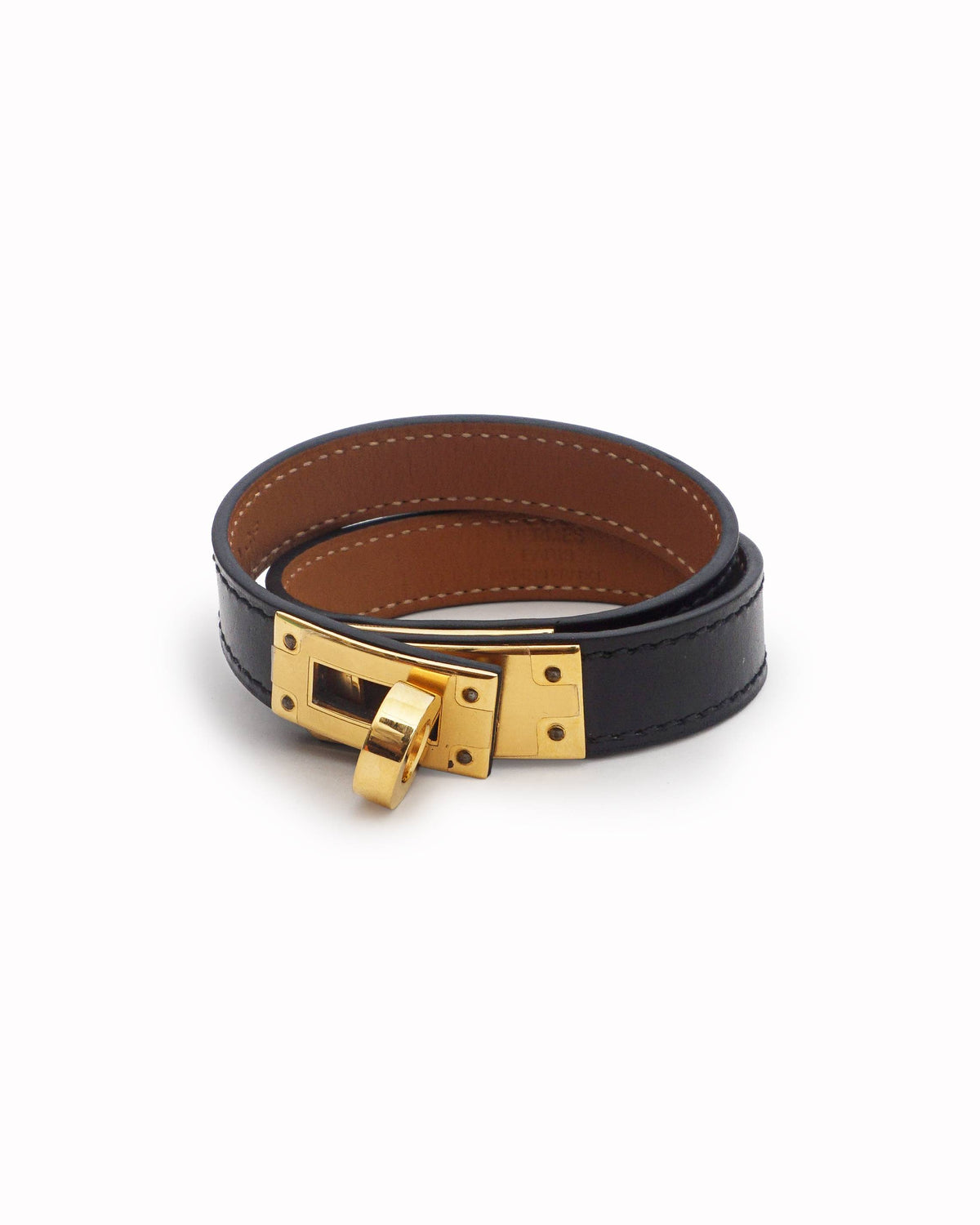 Hermès Black Leather Kelly Double Tour Gold Hardware Bracelet