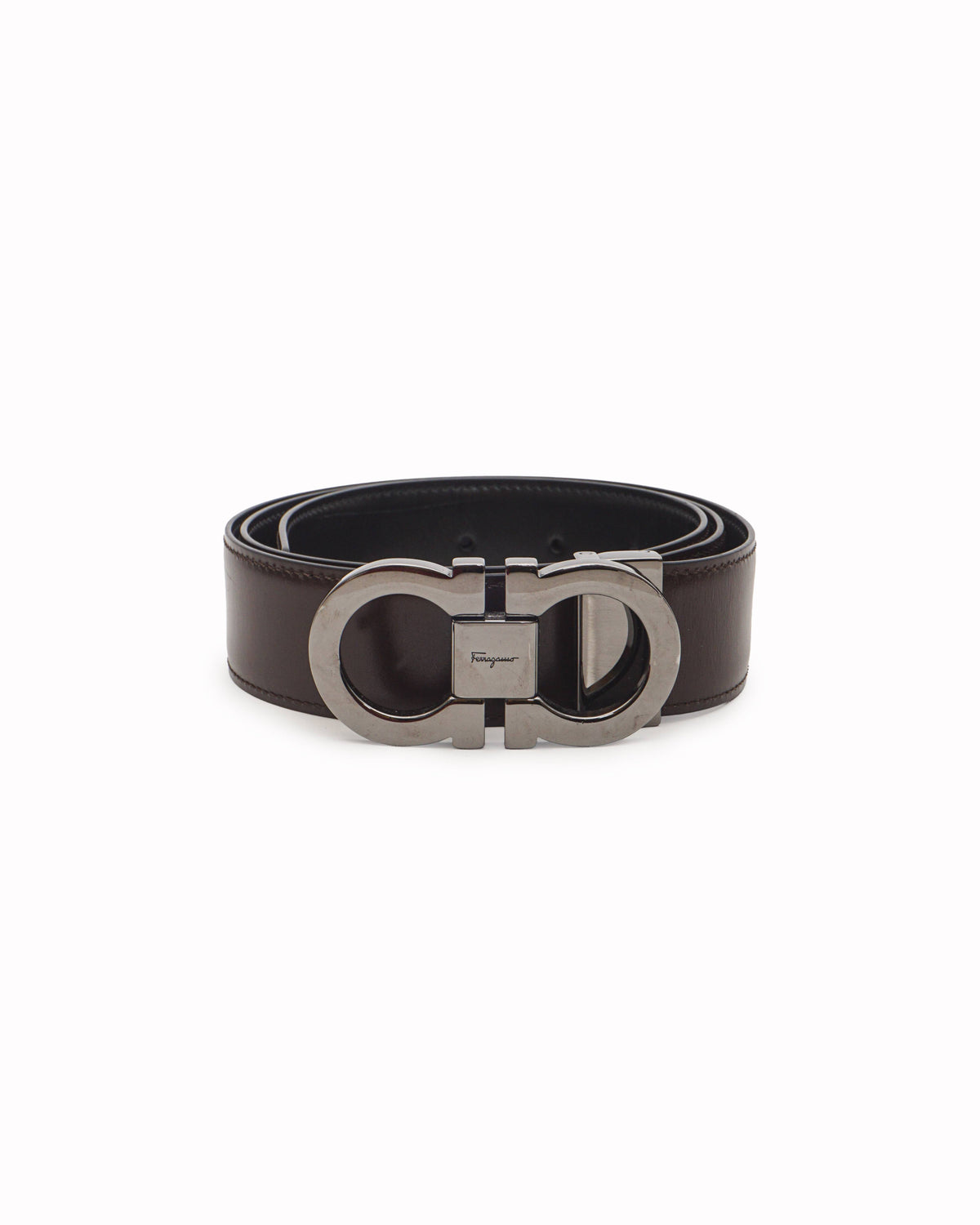 Salvatore Ferragamo Brown/Black Leather Gunmetal Gancini Reversible Belt